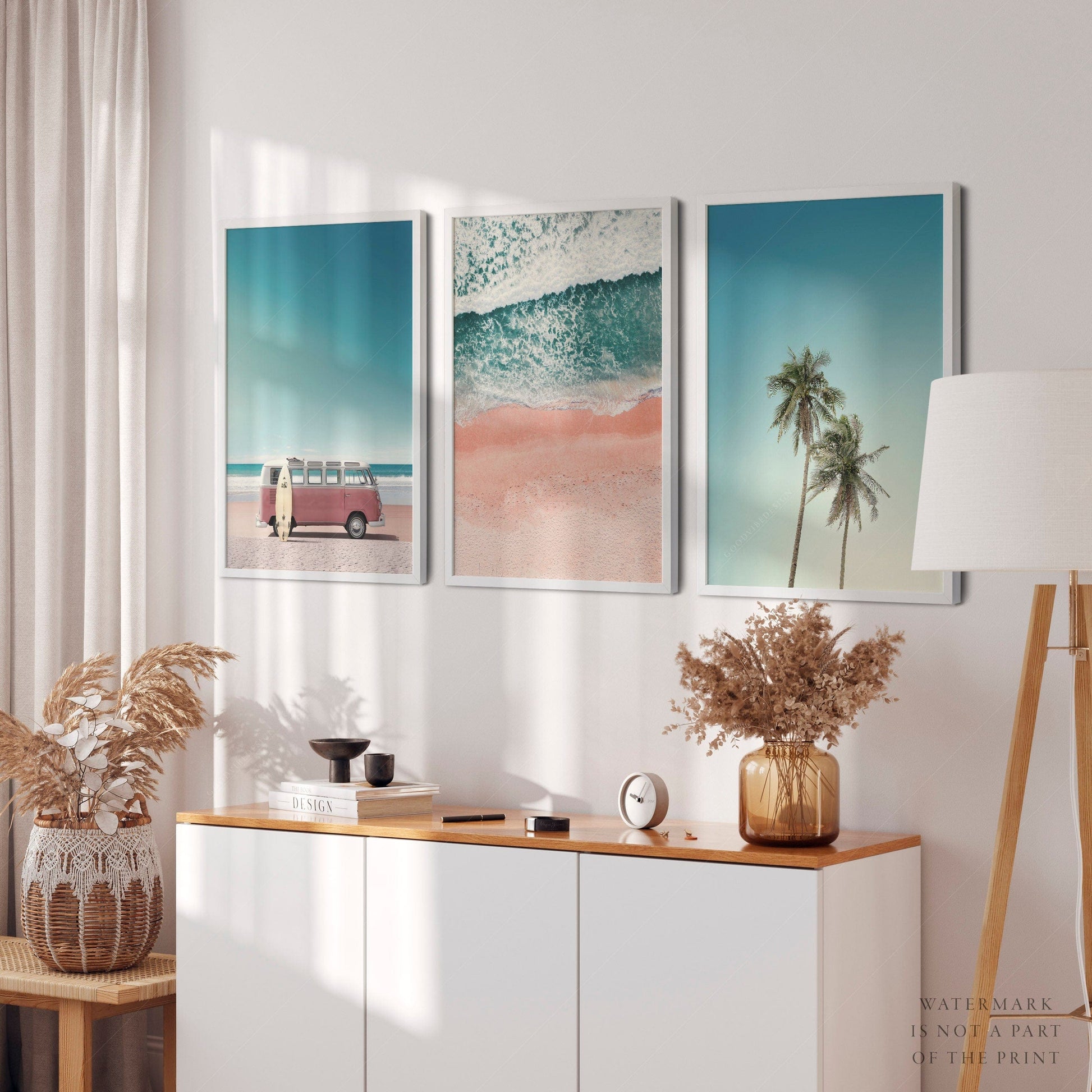 Set of 3 Prints, Beach wall art, Van Kombi photo, Turquoise Sea water, Tropical Palm Tree