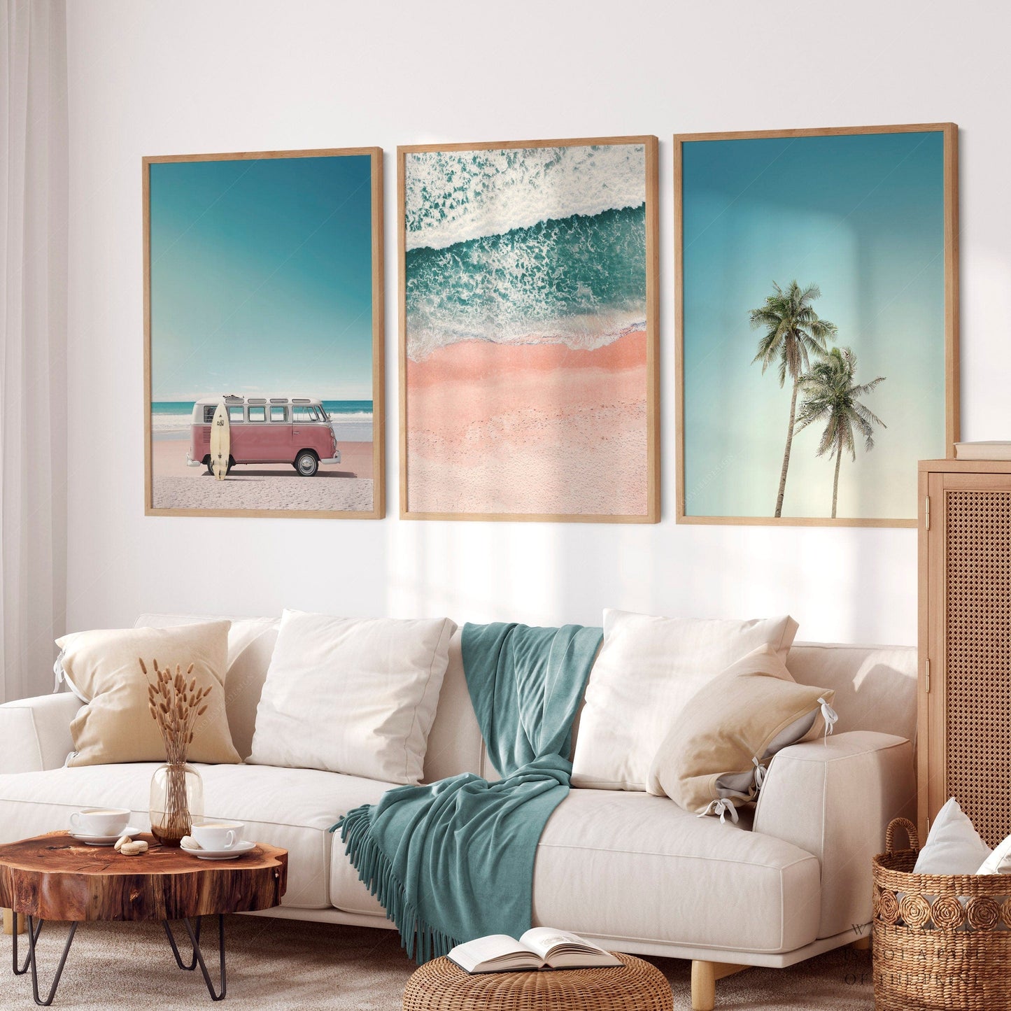 Set of 3 Prints, Beach wall art, Van Kombi photo, Turquoise Sea water, Tropical Palm Tree