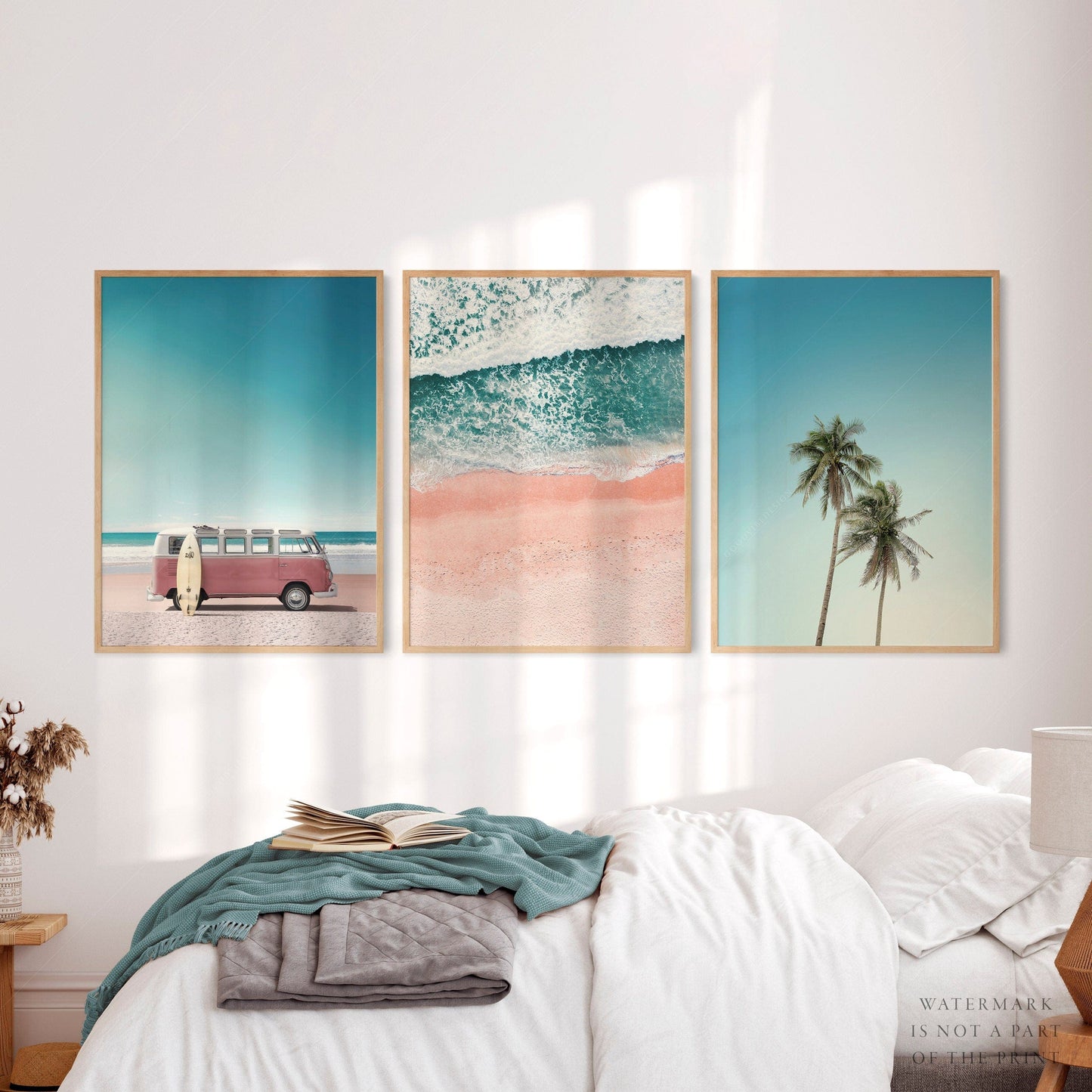 Set of 3 Prints, Beach wall art, Van Kombi photo, Turquoise Sea water, Tropical Palm Tree