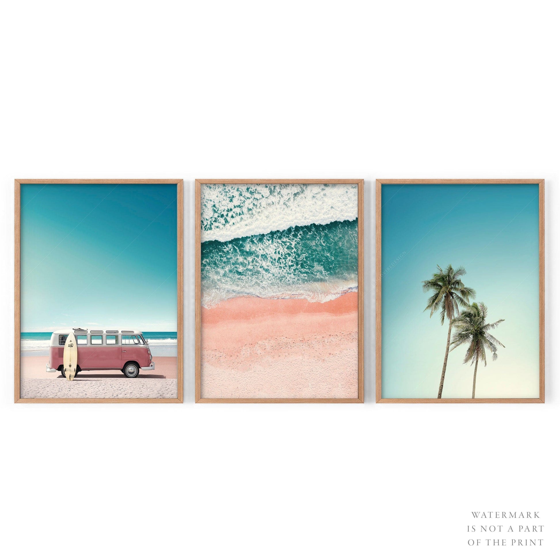 Set of 3 Prints, Beach wall art, Van Kombi photo, Turquoise Sea water, Tropical Palm Tree