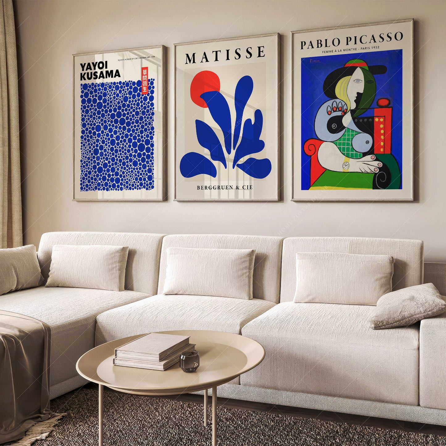 A well-scaled painting above a sofa in a living room