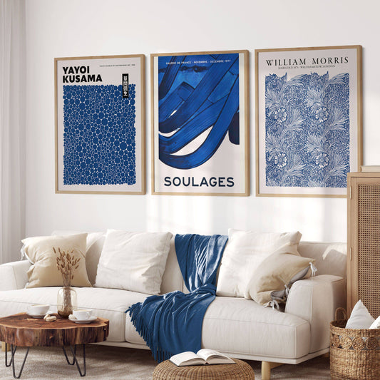 Set of 3 Prints, Indigo Blue Wall Art, William Morris, Yayoi Kusama, Pierre Soulages, Abstract Gallery Wall
