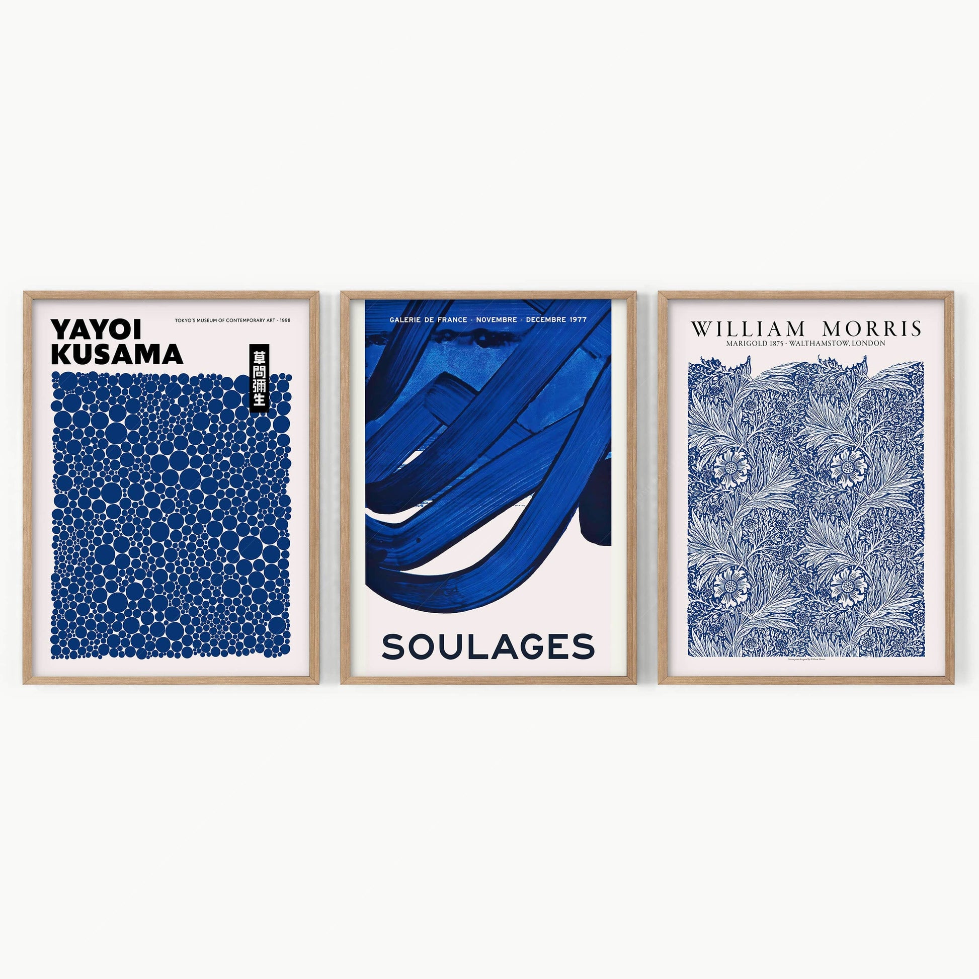 Set of 3 Prints, Indigo Blue Wall Art, William Morris, Yayoi Kusama, Pierre Soulages, Abstract Gallery Wall