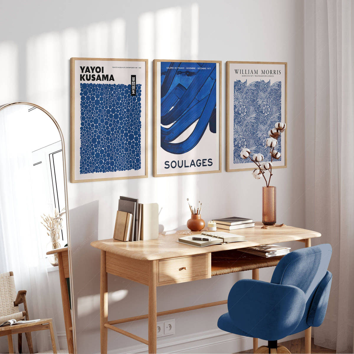 Set of 3 Prints, Indigo Blue Wall Art, William Morris, Yayoi Kusama, Pierre Soulages, Abstract Gallery Wall
