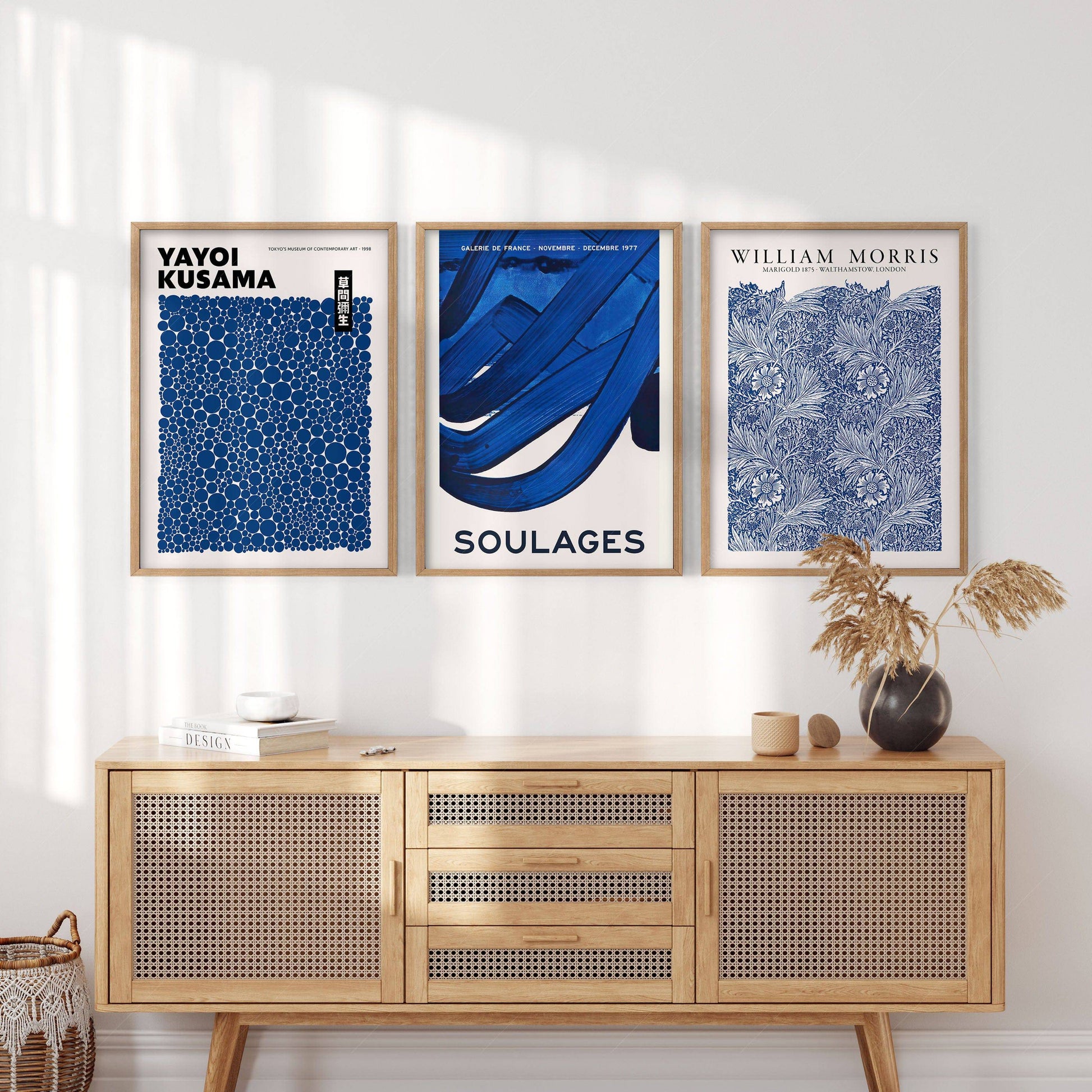 Set of 3 Prints, Indigo Blue Wall Art, William Morris, Yayoi Kusama, Pierre Soulages, Abstract Gallery Wall