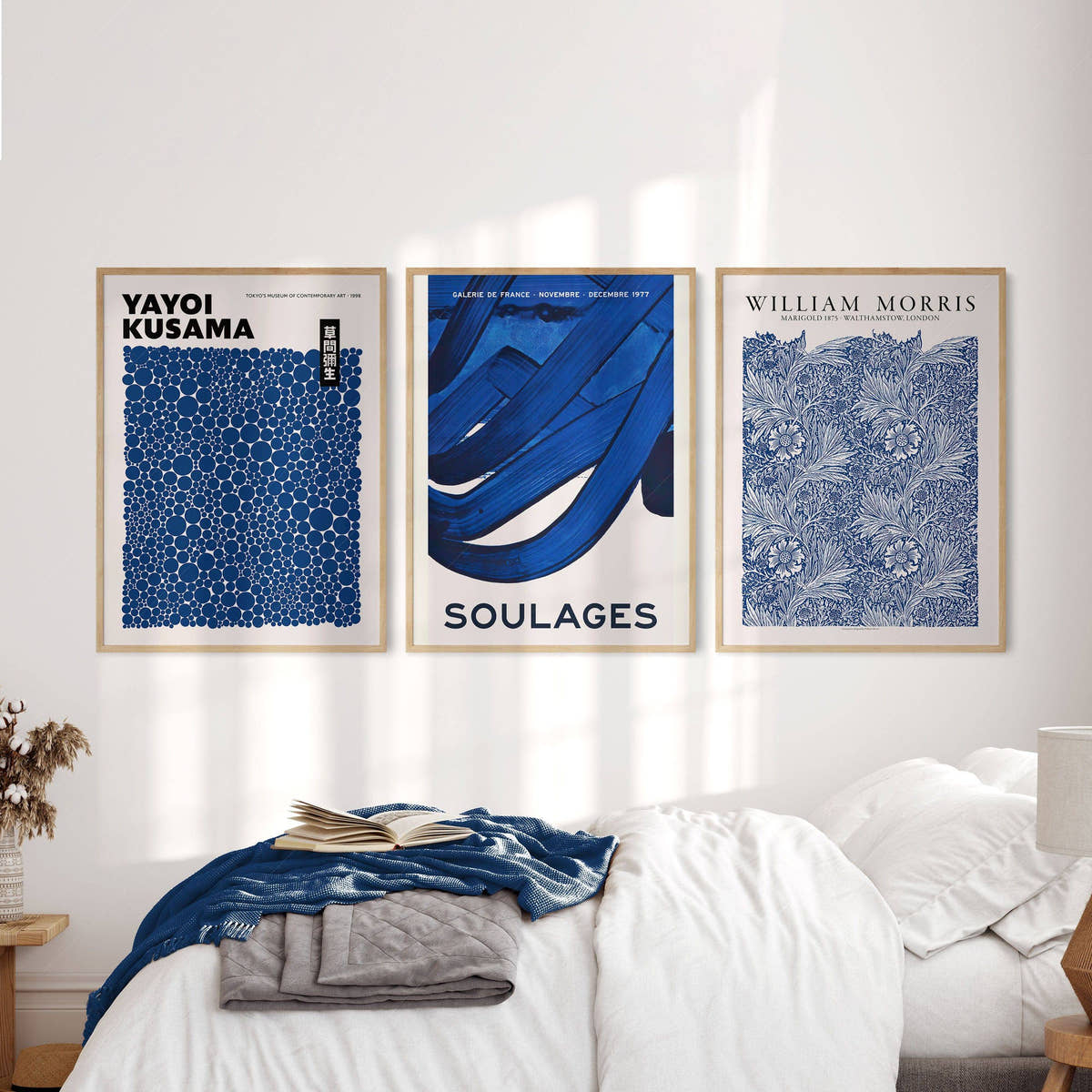 Set of 3 Prints, Indigo Blue Wall Art, William Morris, Yayoi Kusama, Pierre Soulages, Abstract Gallery Wall