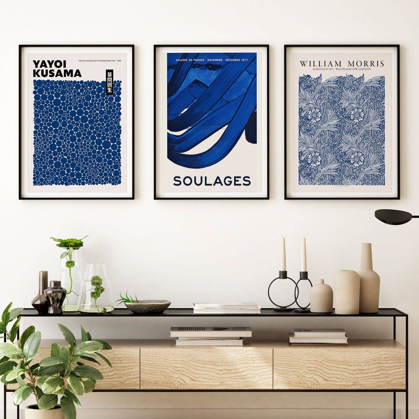 Set of 3 Prints, Indigo Blue Wall Art, William Morris, Yayoi Kusama, Pierre Soulages, Abstract Gallery Wall