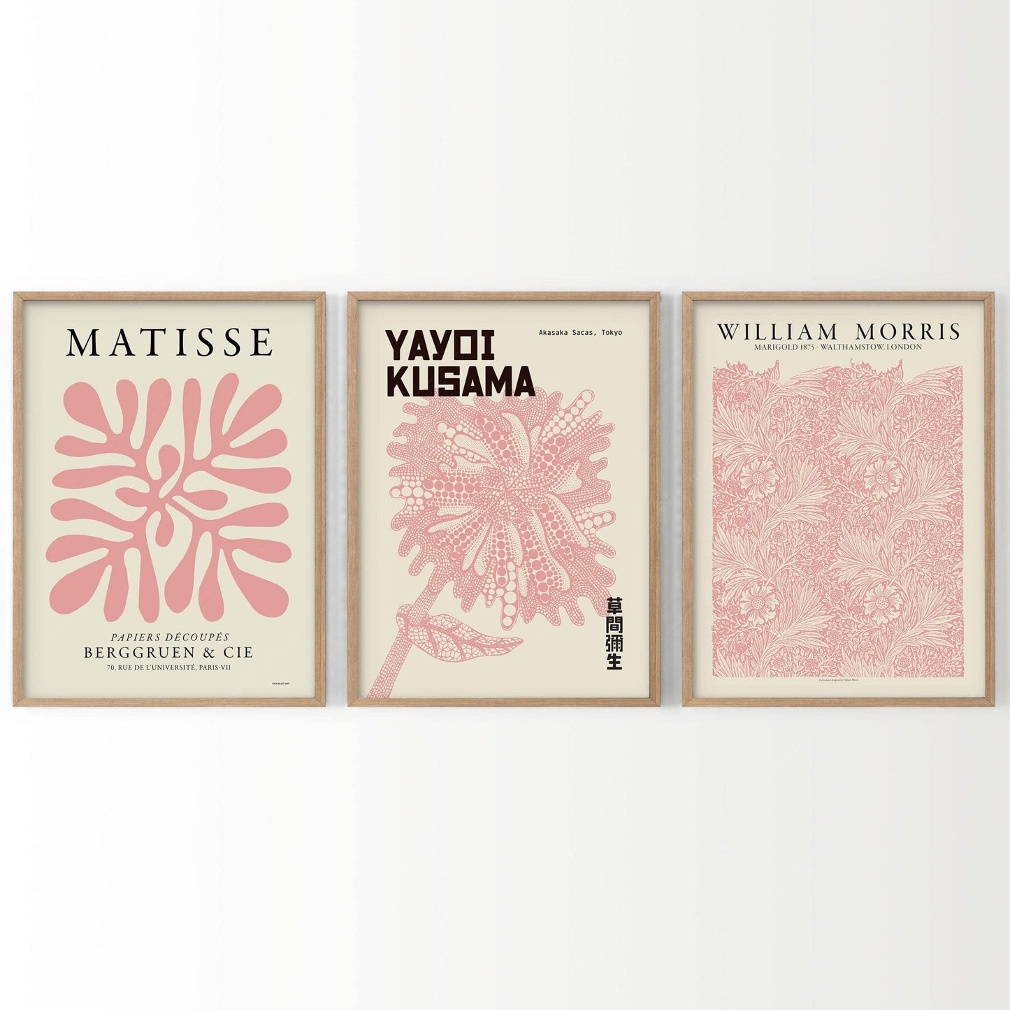 Set of 3 Prints, Pink Gallery Wall, Coral by Henri Matisse, Marigold by William Morris, Flower by Yayoi Kusama