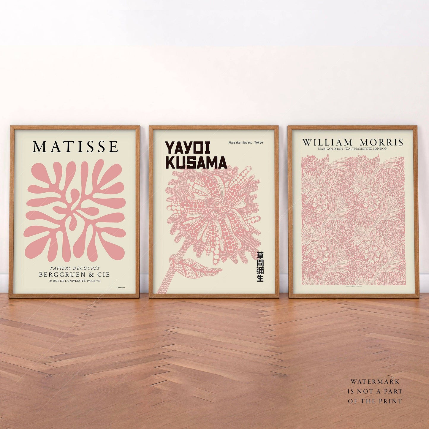 Set of 3 Prints, Pink Gallery Wall, Coral by Henri Matisse, Marigold by William Morris, Flower by Yayoi Kusama