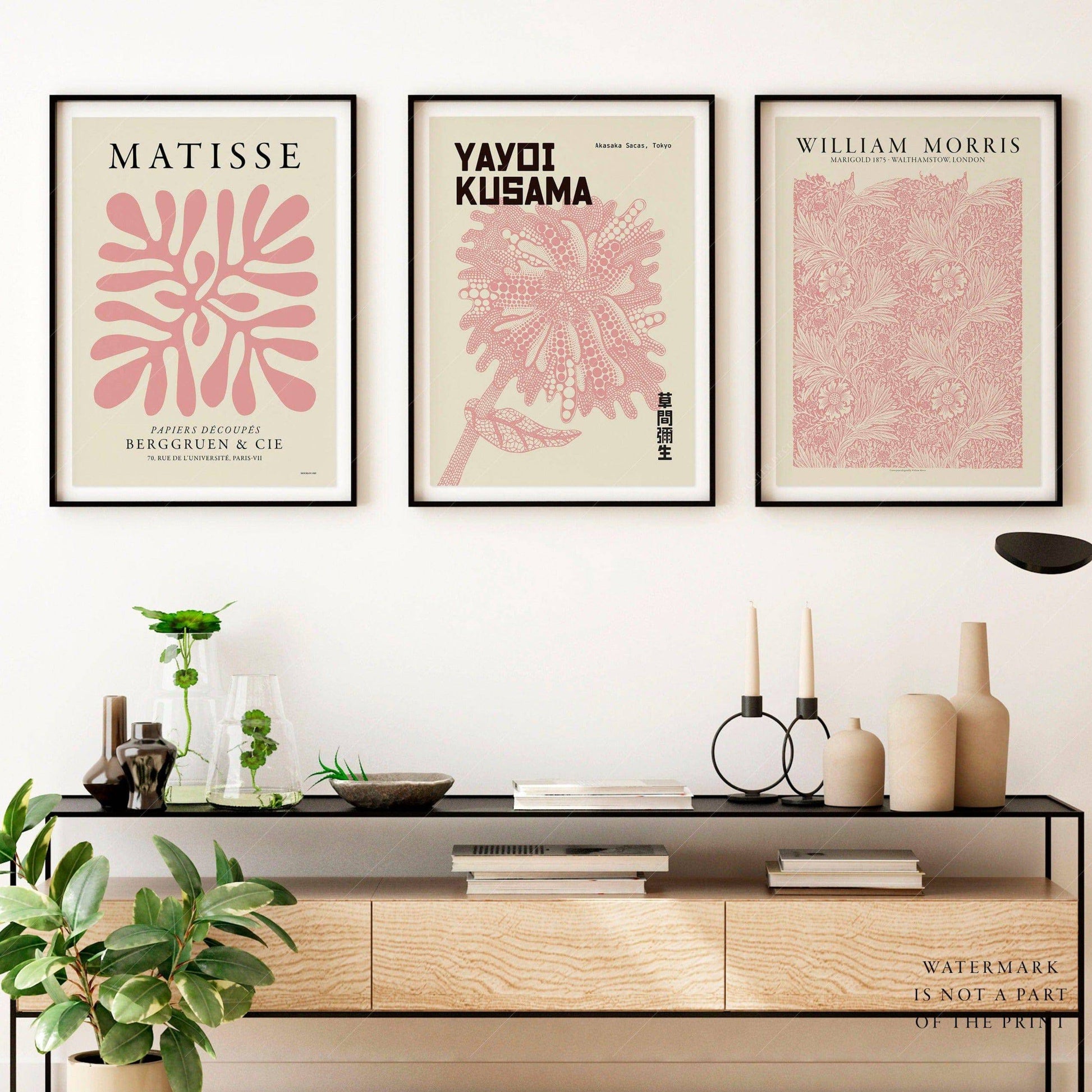 Set of 3 Prints, Pink Gallery Wall, Coral by Henri Matisse, Marigold by William Morris, Flower by Yayoi Kusama