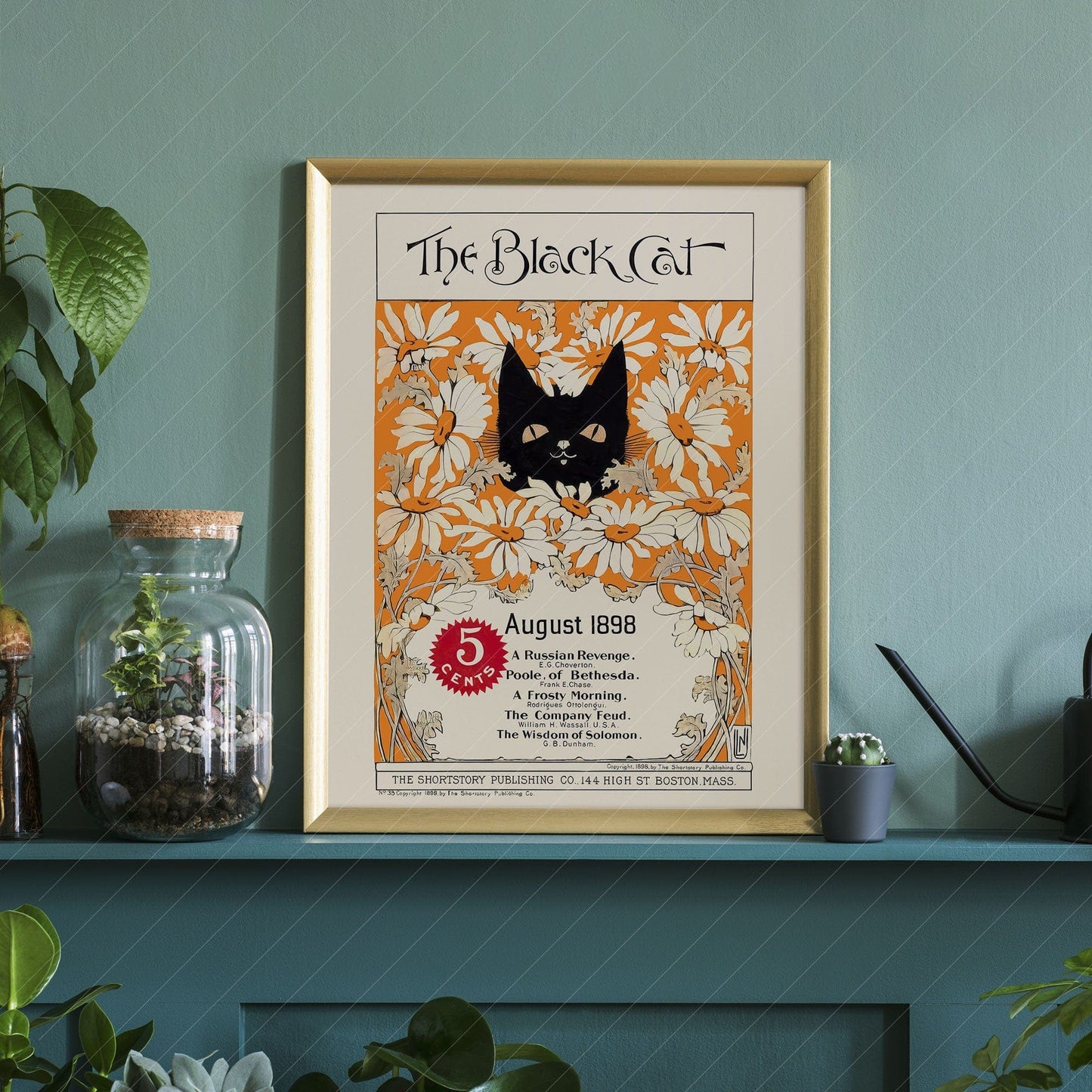 The black cat Print, 1898, Cat and Flowers Wall Art