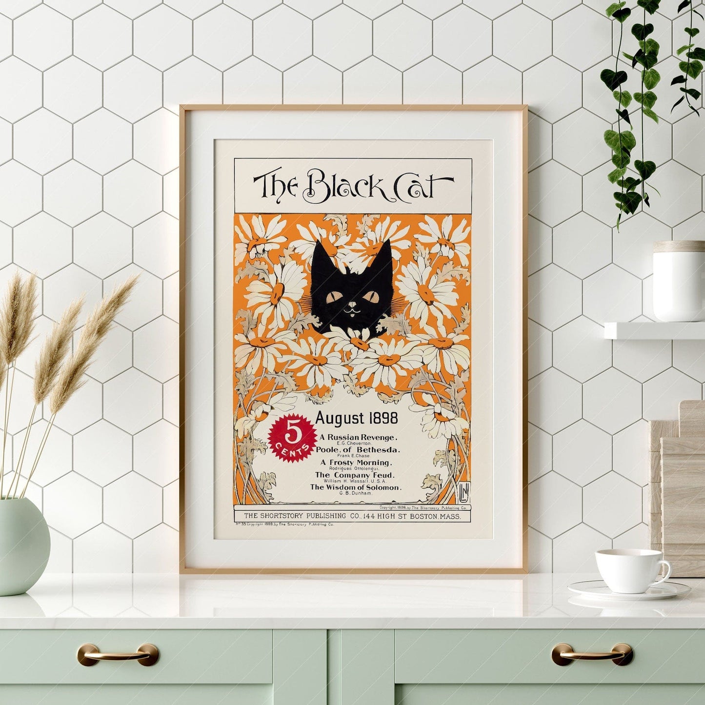 The black cat Print, 1898, Cat and Flowers Wall Art