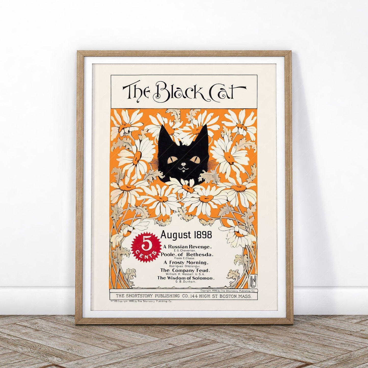 The black cat Print, 1898, Cat and Flowers Wall Art