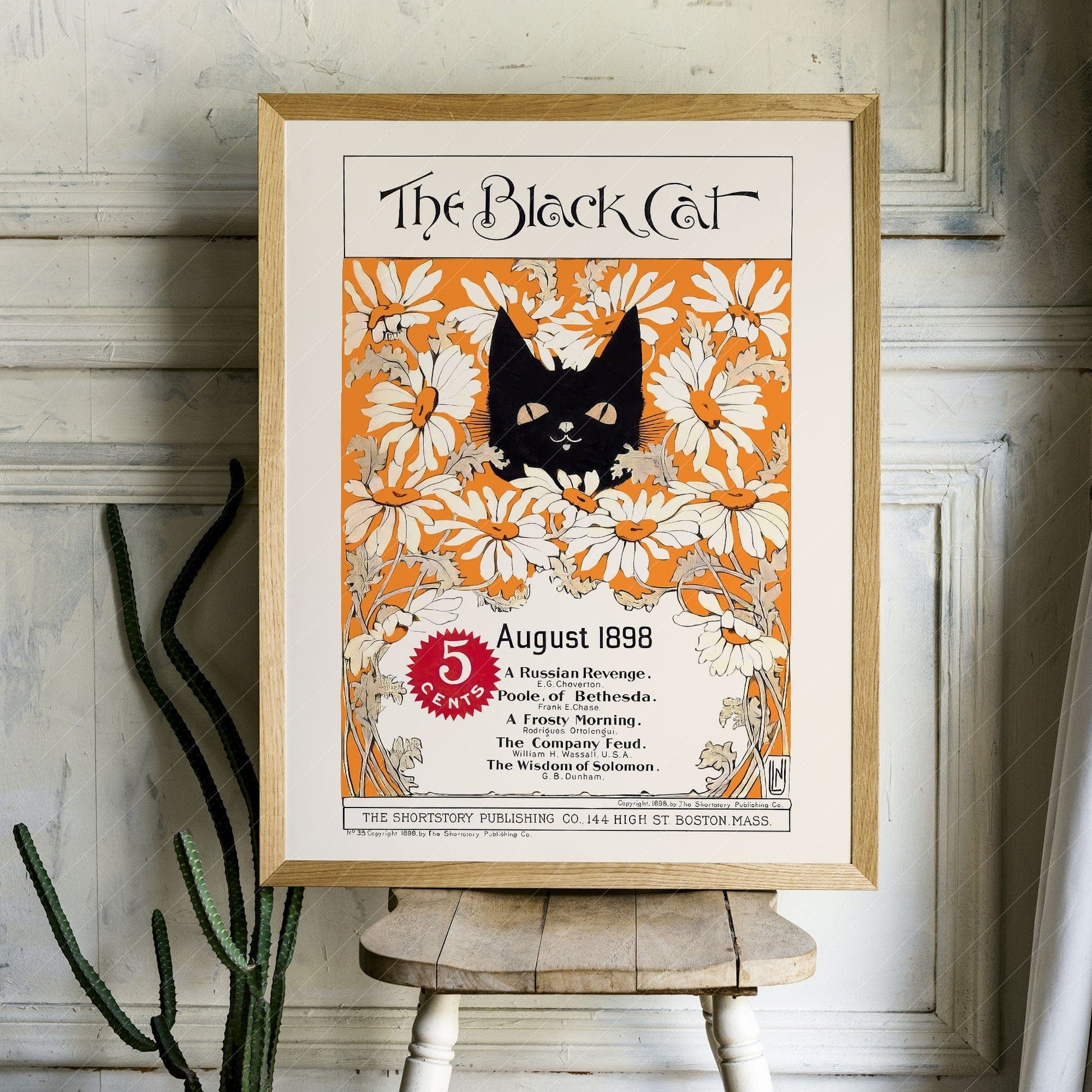 The black cat Print, 1898, Cat and Flowers Wall Art