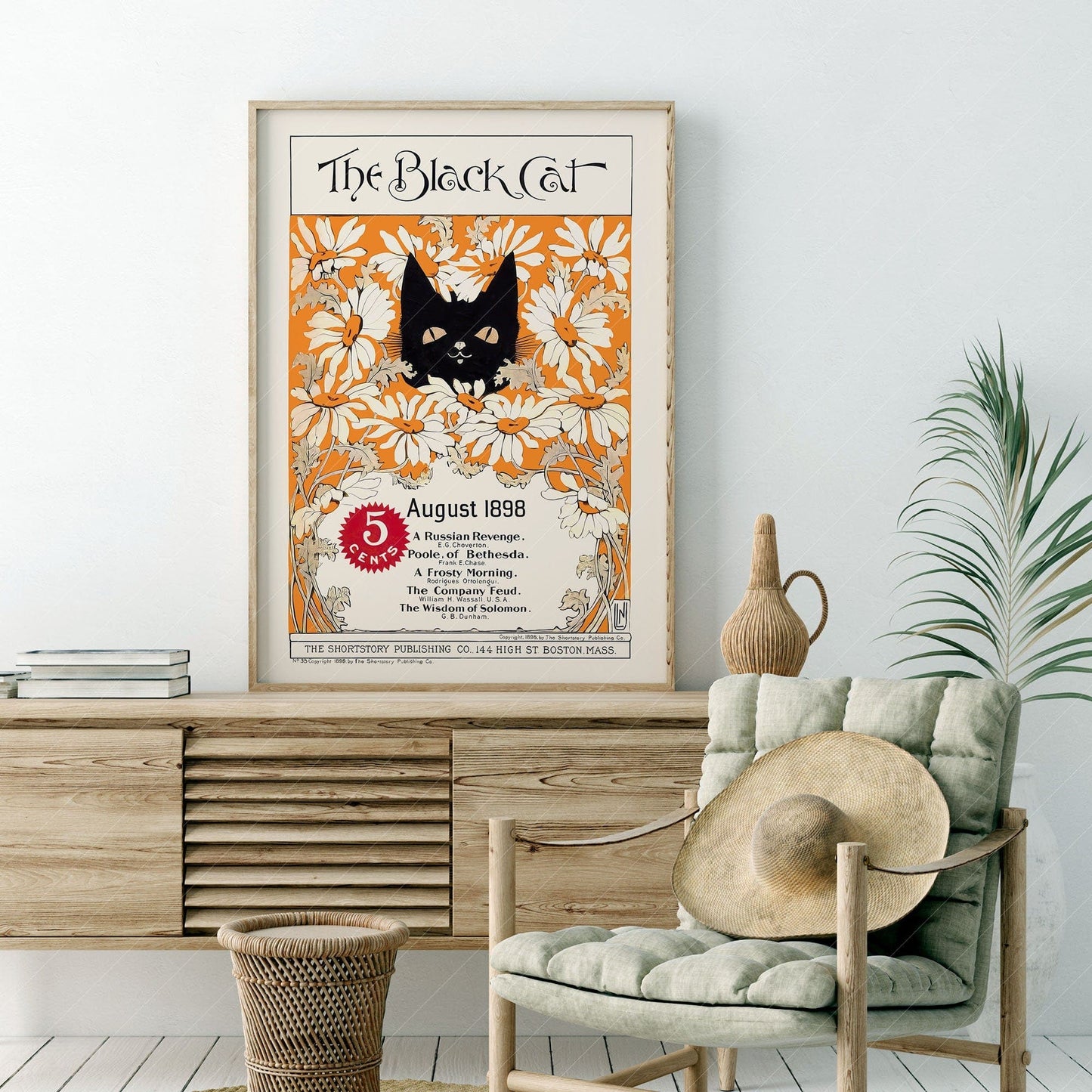 The black cat Print, 1898, Cat and Flowers Wall Art