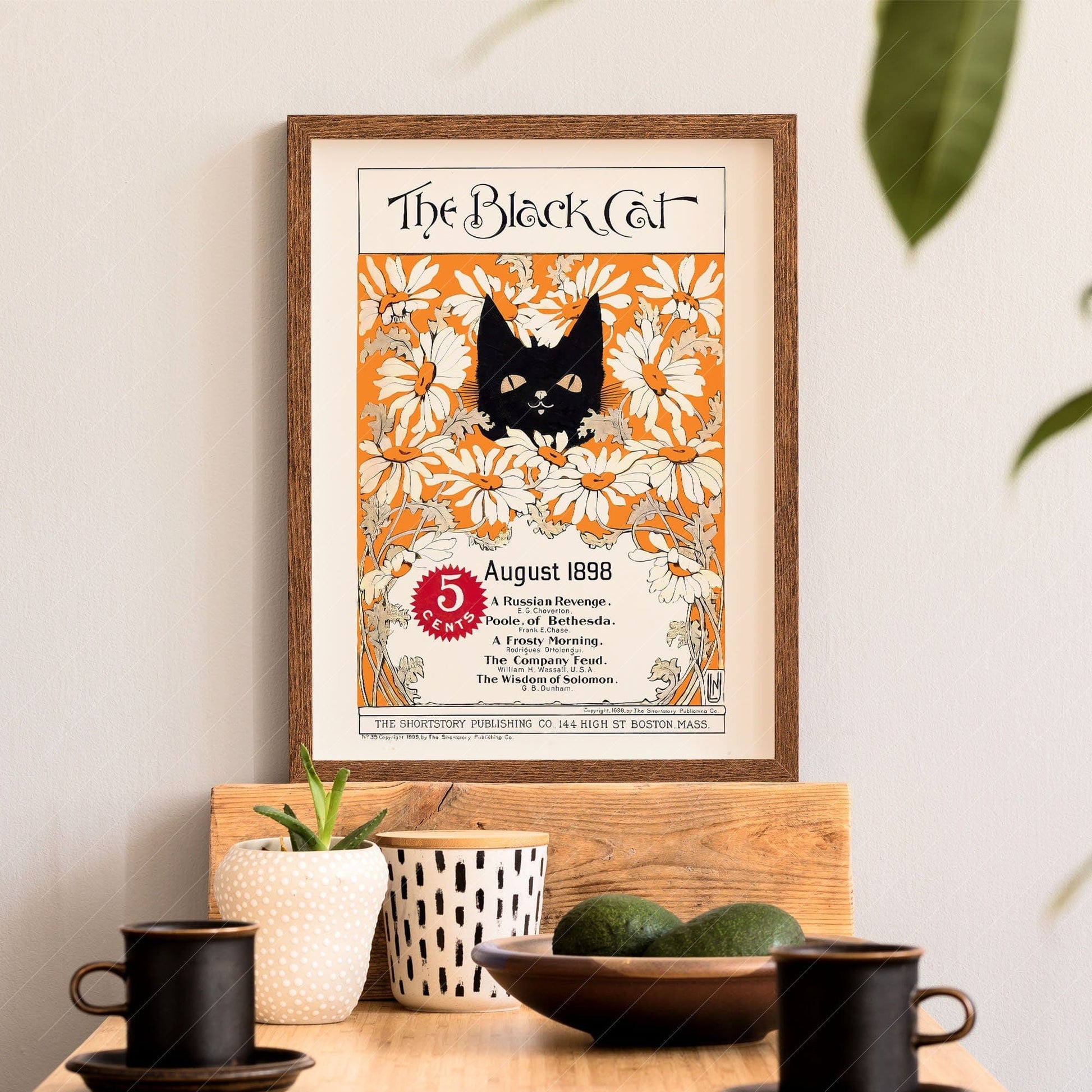 The black cat Print, 1898, Cat and Flowers Wall Art