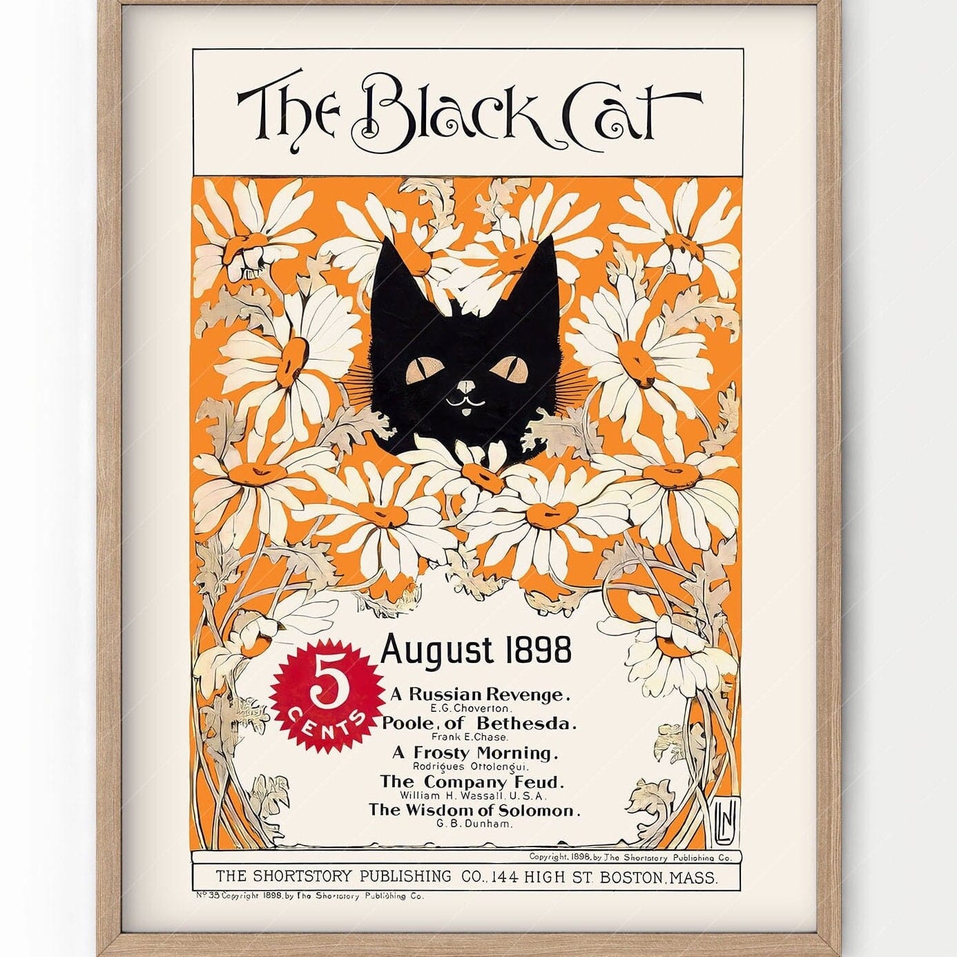 The black cat Print, 1898, Cat and Flowers Wall Art