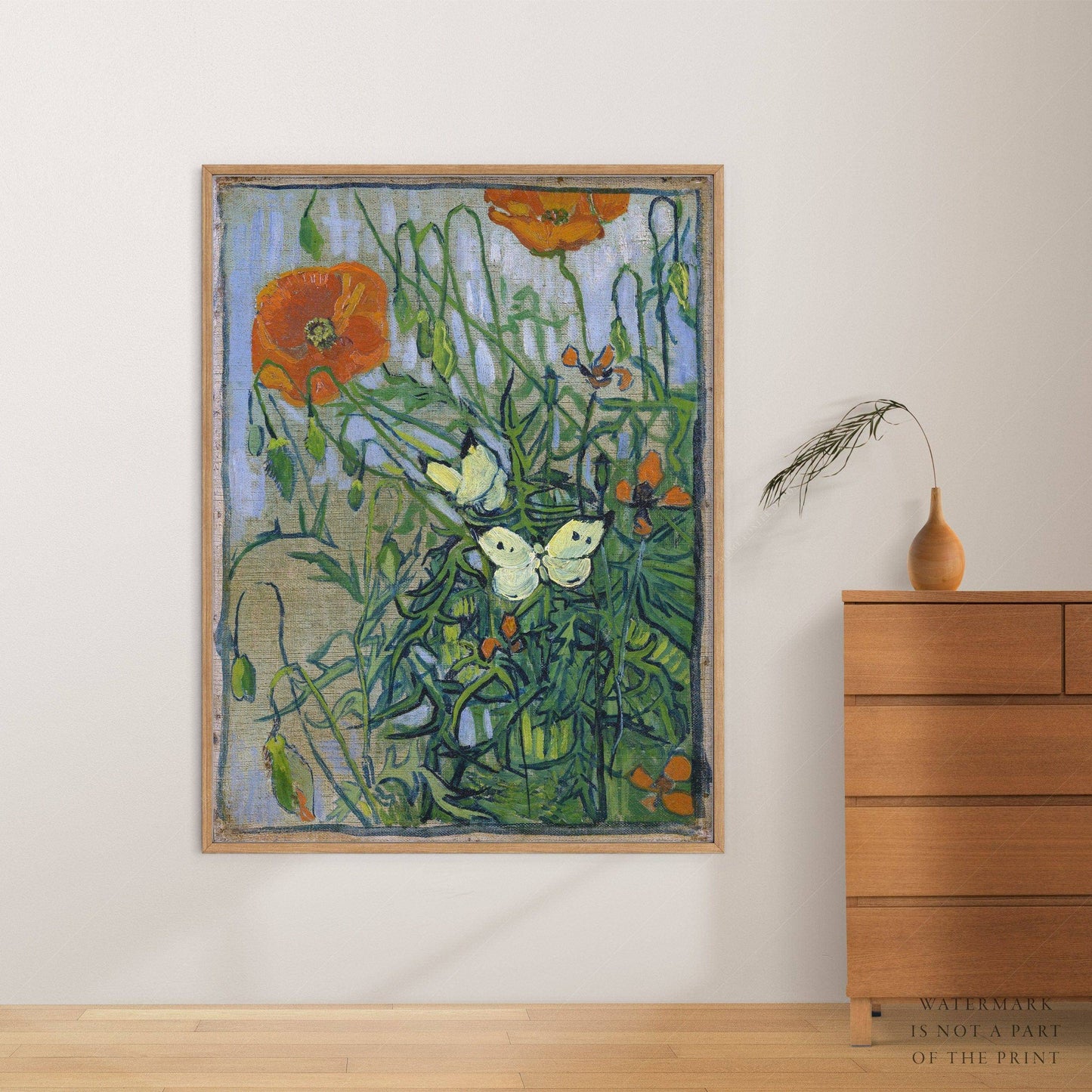 Van Gogh Poster, Butterflies and Poppies, Flowers Wall Art, Landscape Print