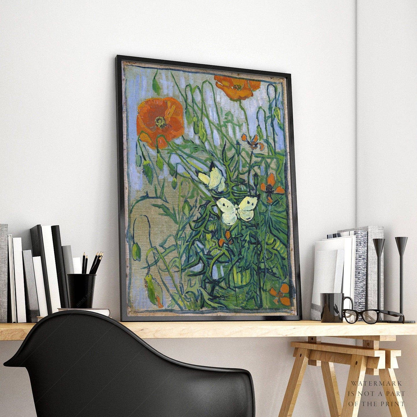 Van Gogh Poster, Butterflies and Poppies, Flowers Wall Art, Landscape Print