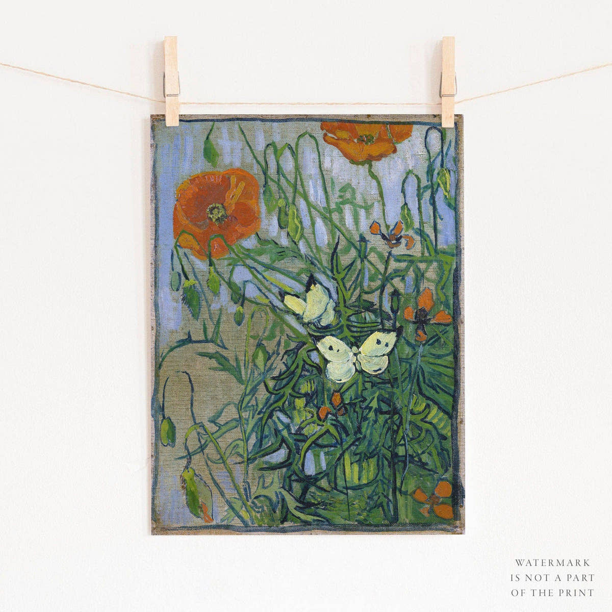 Van Gogh Poster, Butterflies and Poppies, Flowers Wall Art, Landscape Print