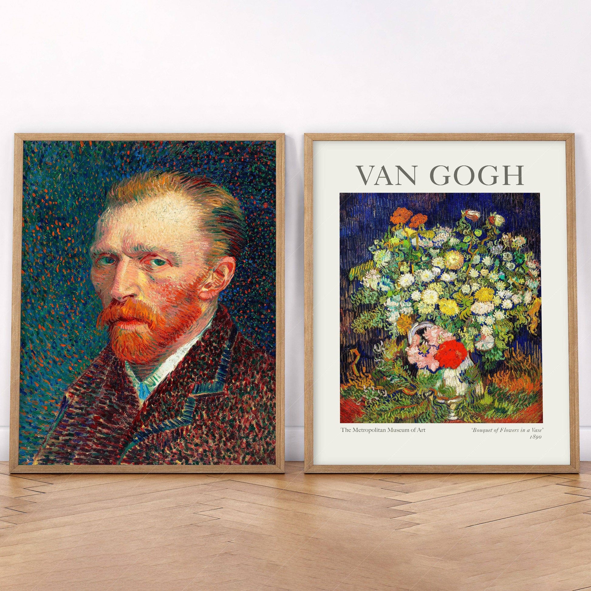 Van Gogh Print Set of 2, Van Gogh Self-Portrait, Bouquet of Flowers in a Vase