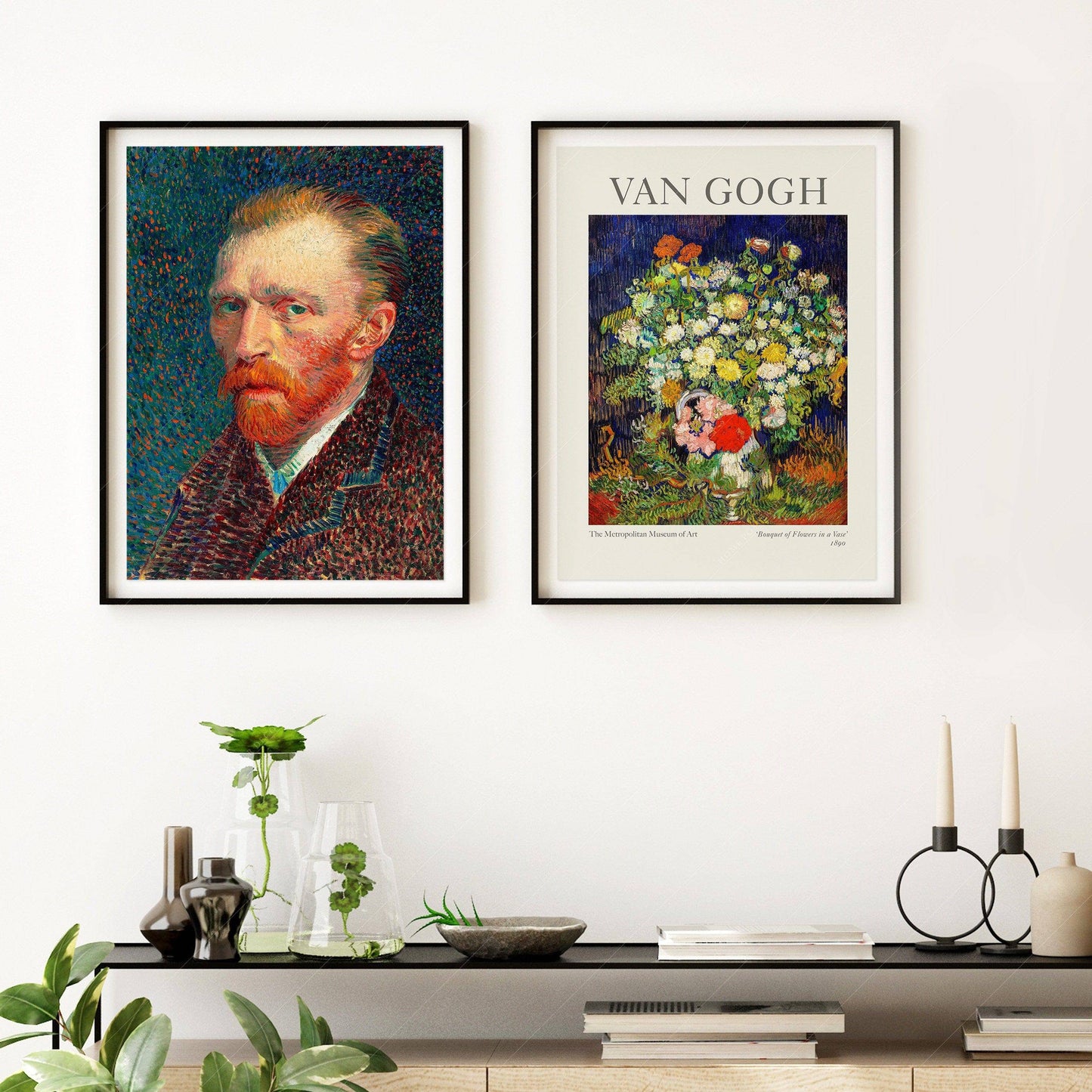 Van Gogh Print Set of 2, Van Gogh Self-Portrait, Bouquet of Flowers in a Vase