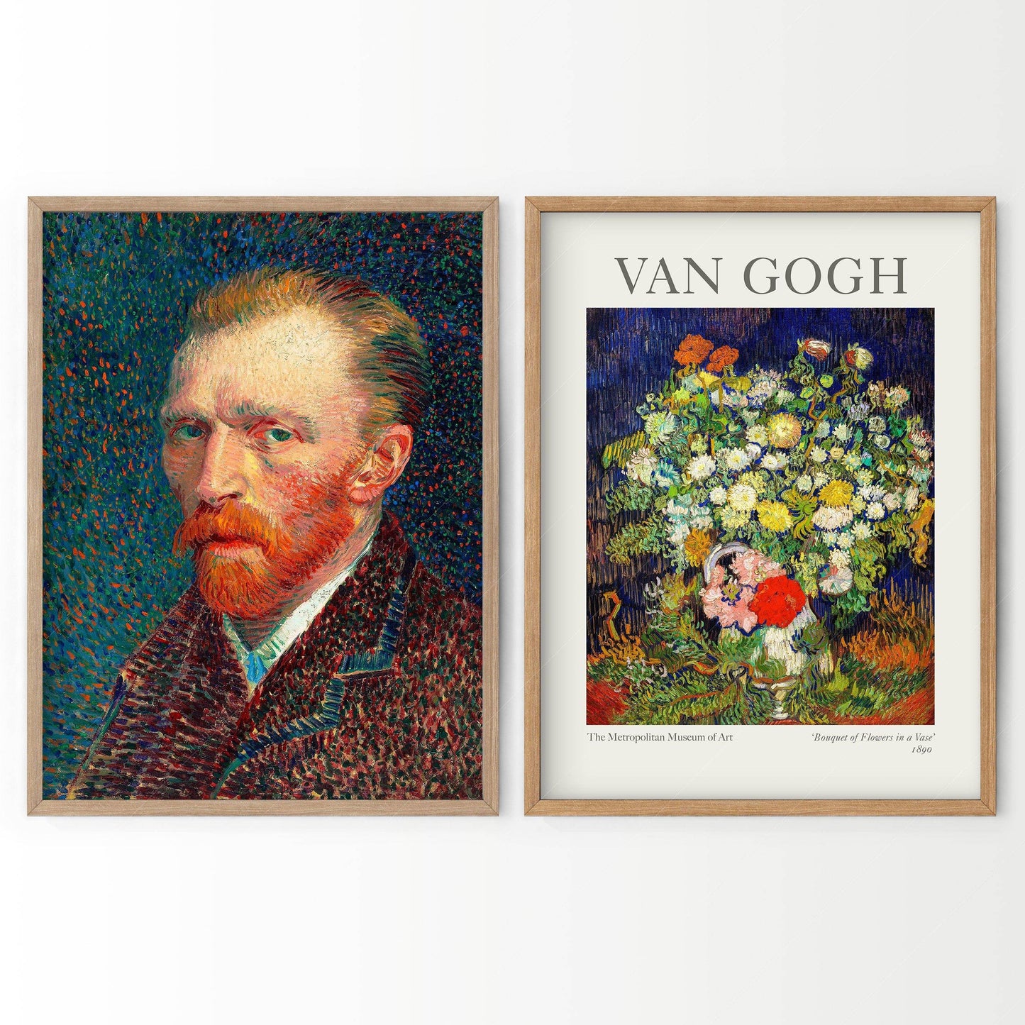 Van Gogh Print Set of 2, Van Gogh Self-Portrait, Bouquet of Flowers in a Vase