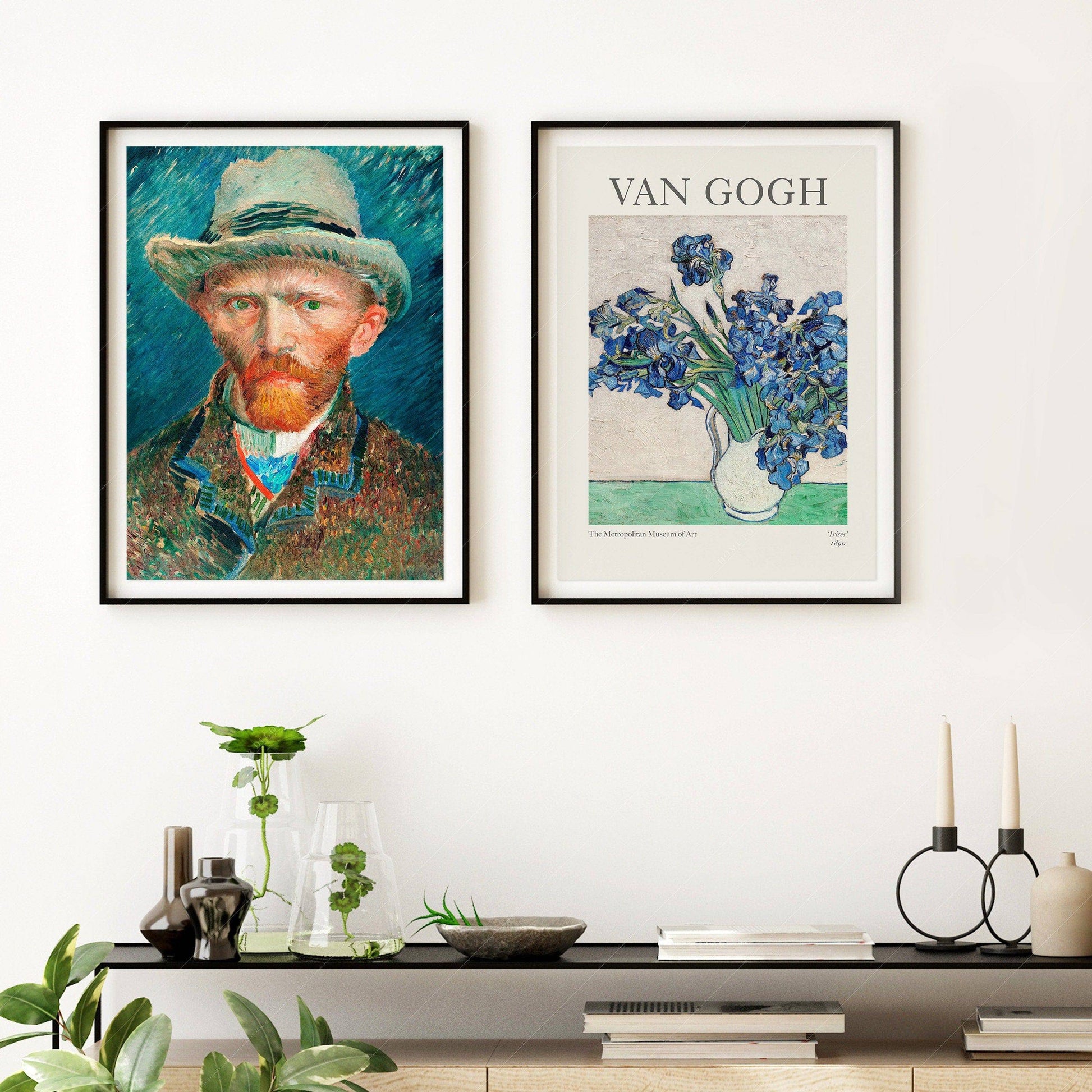 Van Gogh Prints, Set of 2 Wall Art, Irises and Self-Portrait with Hat