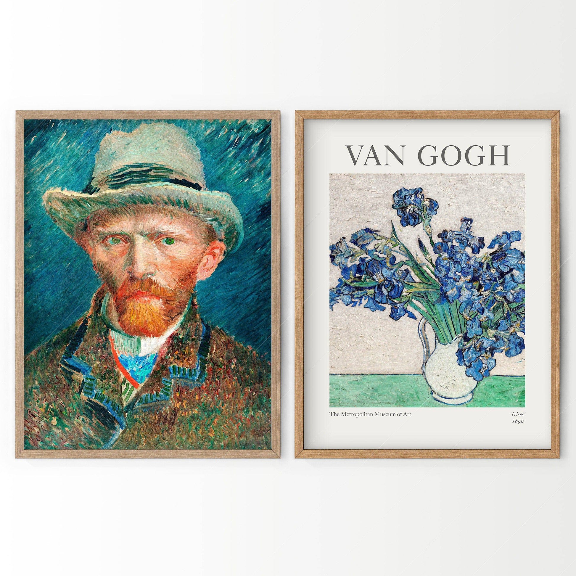 Van Gogh Prints, Set of 2 Wall Art, Irises and Self-Portrait with Hat