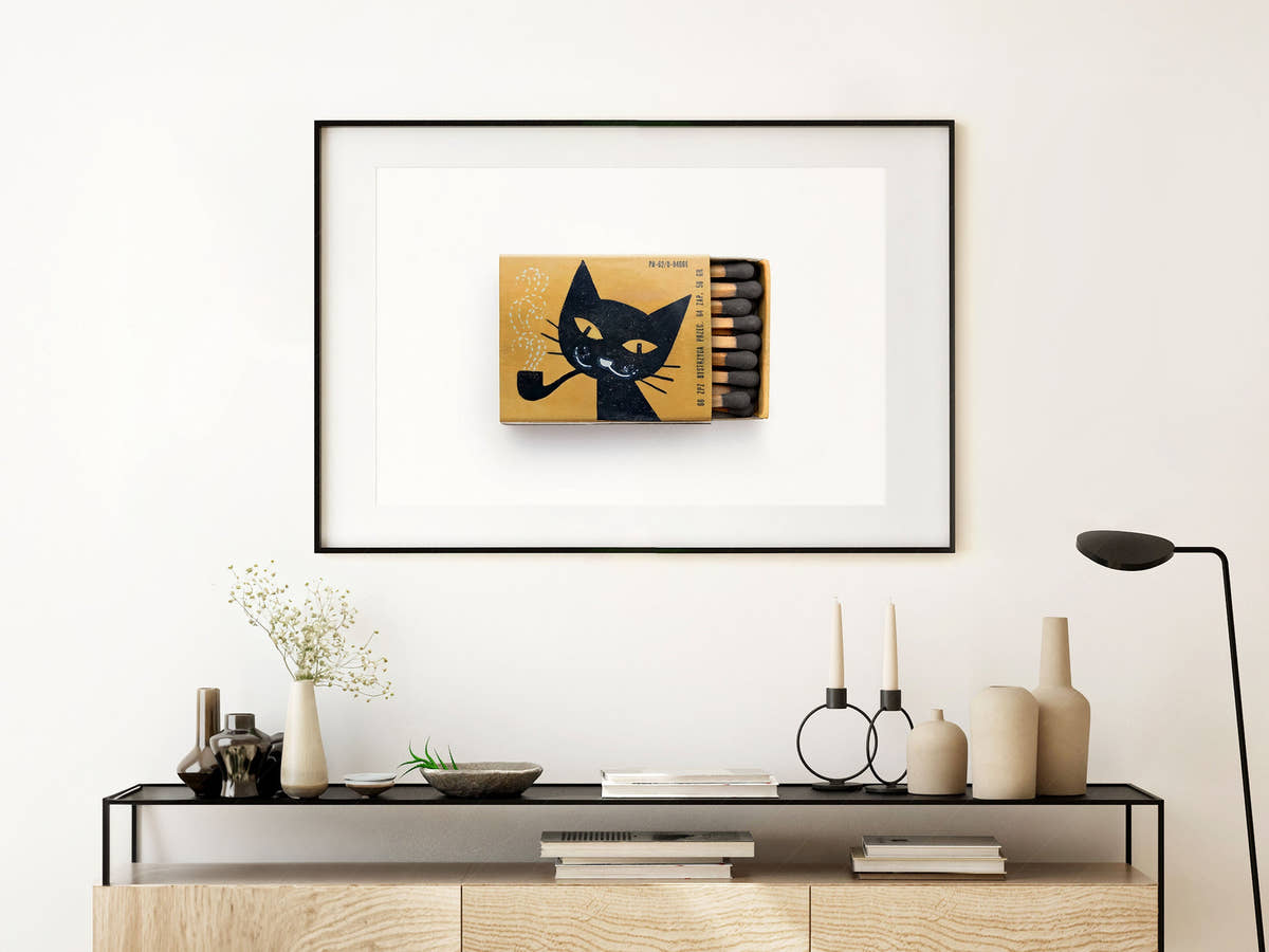Vintage matchbox print, Black Cat, Retro wall art