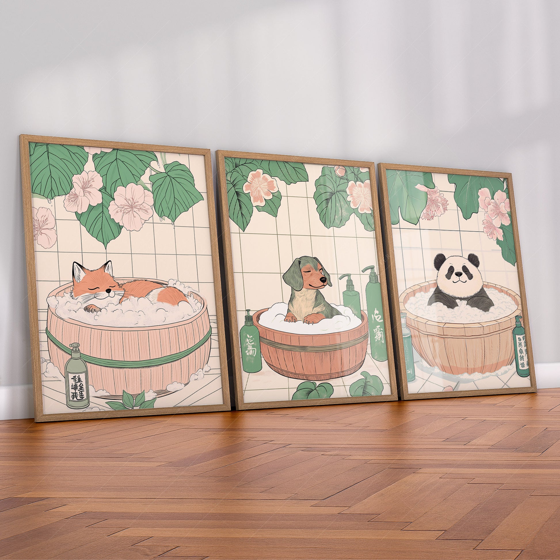 A set of three vertical art prints featuring animals in a spa setting. The left print shows a red fox sleeping in a wooden tub with pink petals. The middle print features a dachshund in a bubble bath with green bottles. The right print shows a panda cub soaking in bubbles under large green leaves.