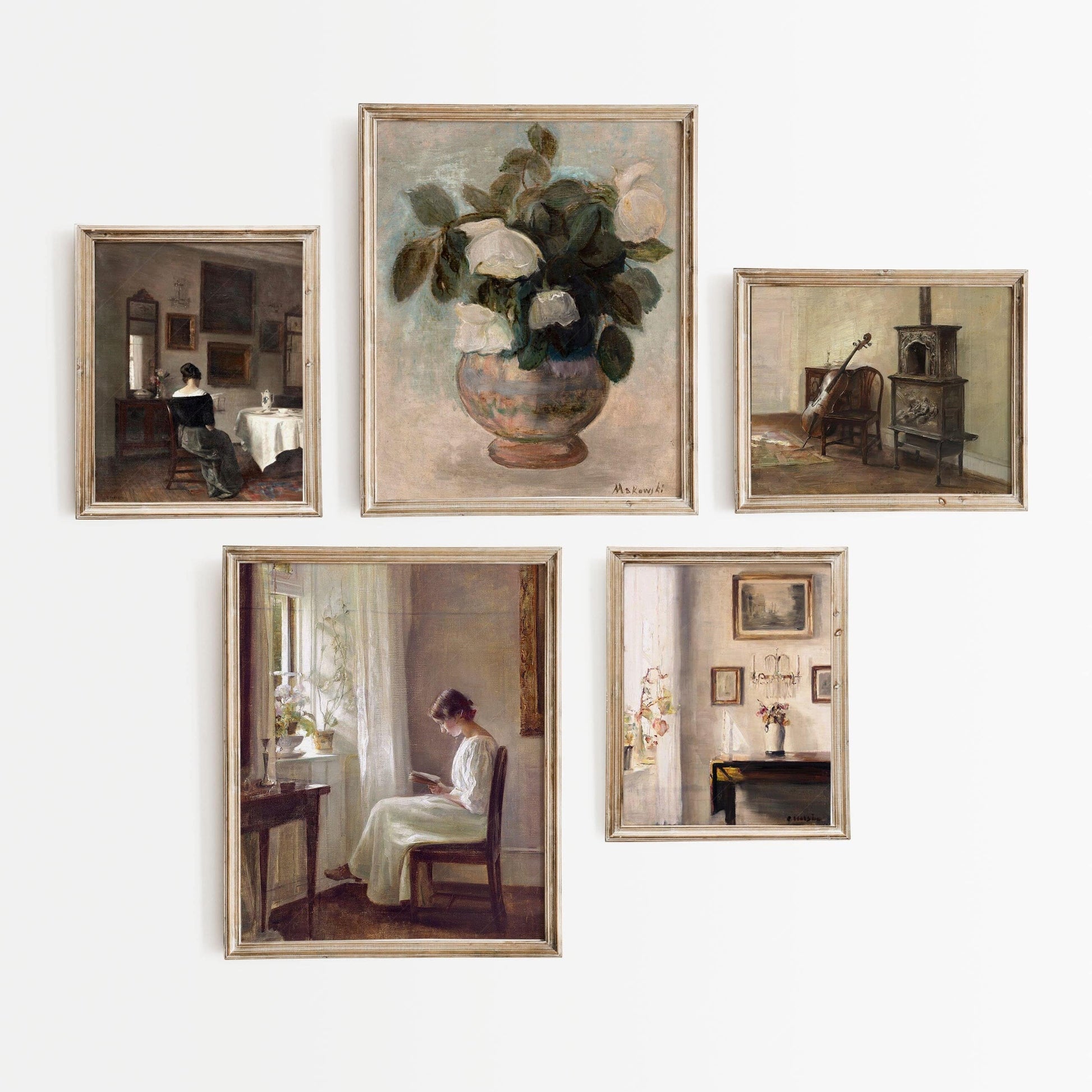 Home Poster Decor Gallery Wall Set Antique Oil Painting, Vintage Portrait, Country Art, Floral Still Life, Old House Interior, 5 Prints Included, 3 in 8 x10", 2 in 11x 14"