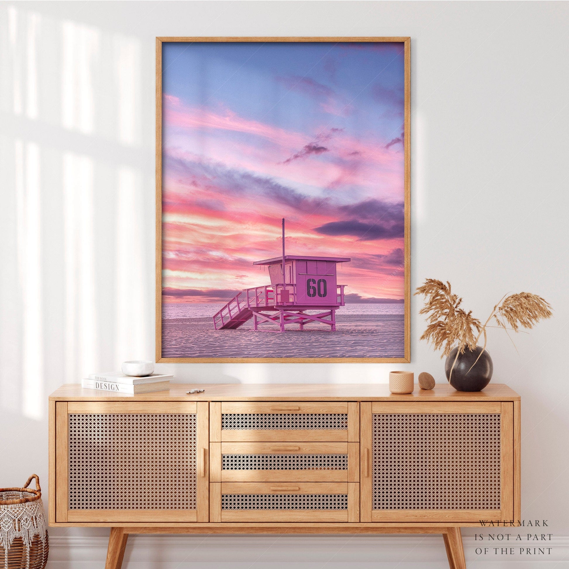 Home Poster Decor Beach Art Print, Coastal Photo, Sunset Wall Art, Boho Beach Decor, Ocean Photo, Lifeguard Tower, California Print, Vanilla Sky, Pink Clouds