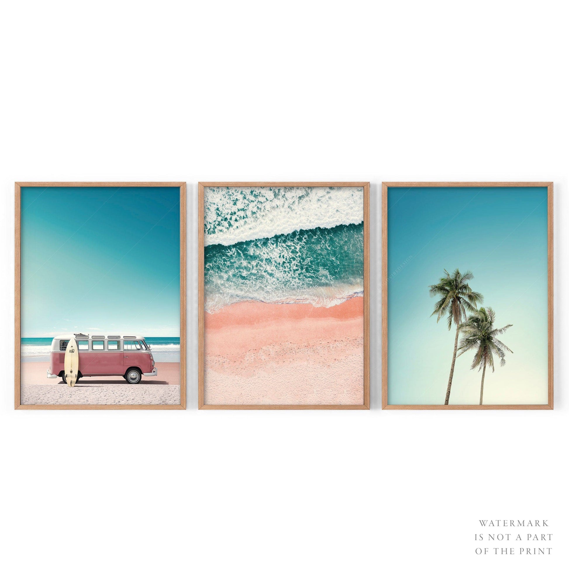 Home Poster Decor Set of 3 Beach Art Set of 3, California Set Wall Art, Turquoise Sea Water, Lifeguard Tower, Kombi Print, Tropical Palm Tree Print - 11