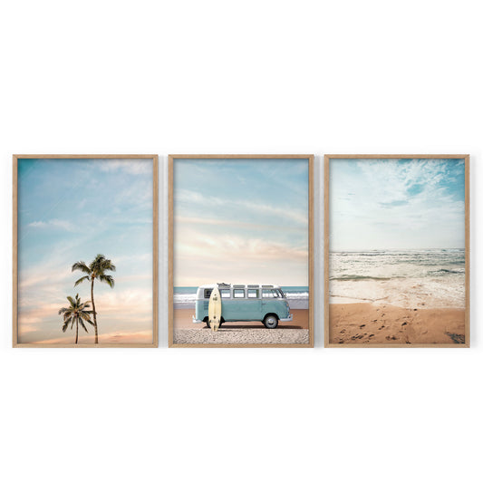 Set of 3 Beach Prints, Turquoise Van Print, Palm Tree and Sand Photo