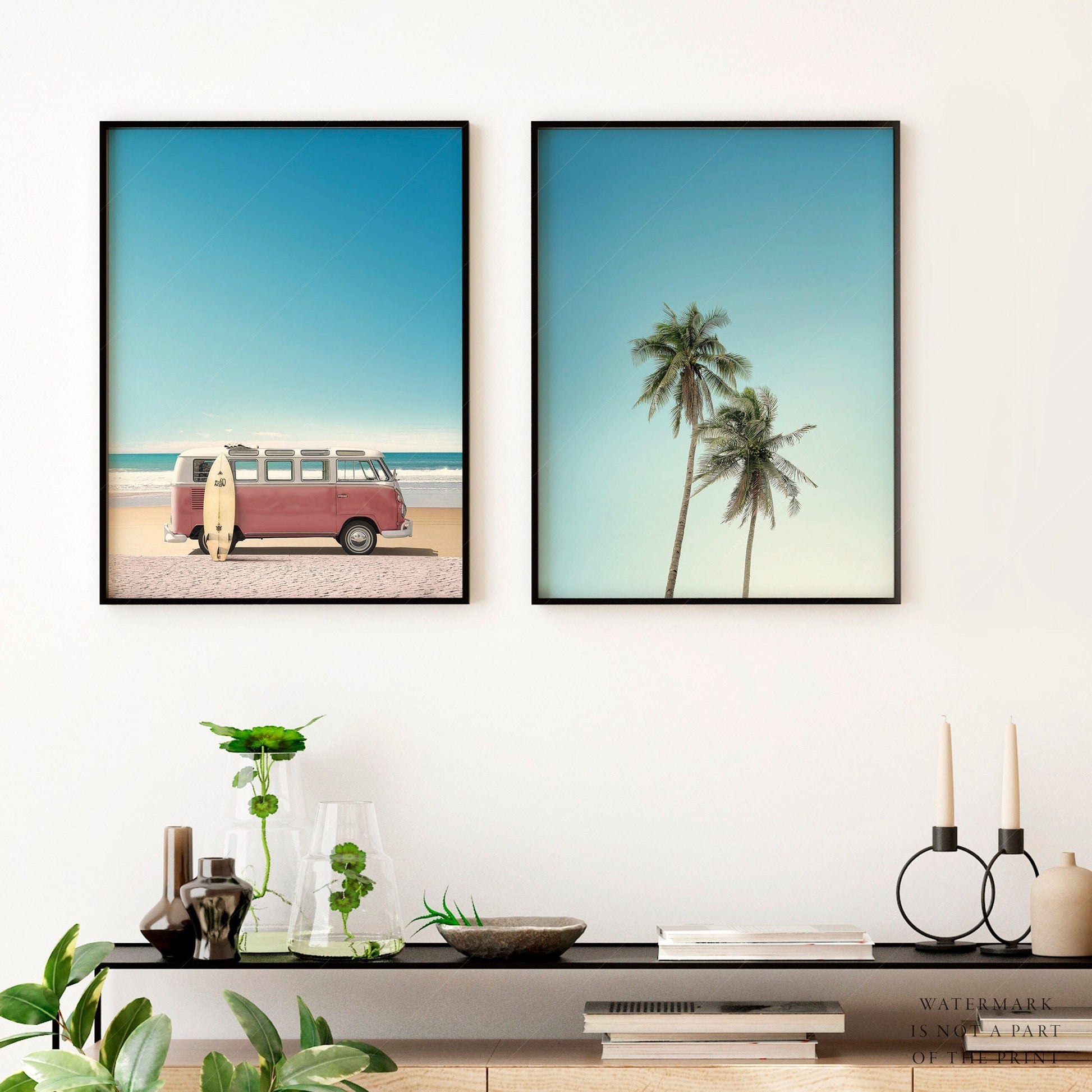 Home Poster Decor Set of 2 Beach Wall Art, Kombi Van Print, Boho Decor, California Beach, Palm Tree, Retro Wall Art, Set of 2 Piece, Coastal Print, Ocean Wall Ar