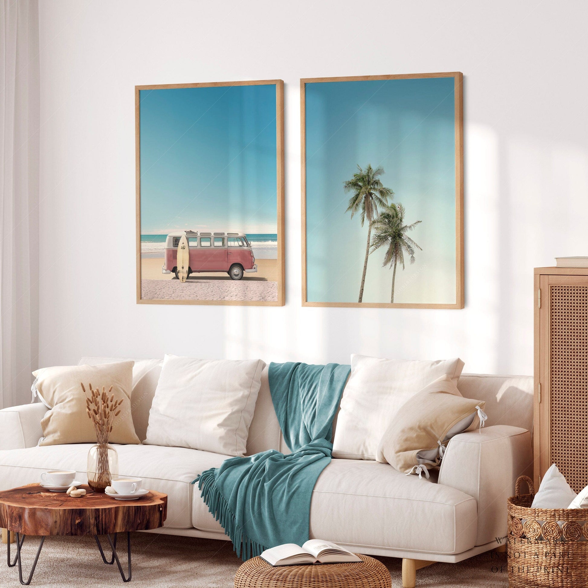 Home Poster Decor Set of 2 Beach Wall Art, Kombi Van Print, Boho Decor, California Beach, Palm Tree, Retro Wall Art, Set of 2 Piece, Coastal Print, Ocean Wall Ar