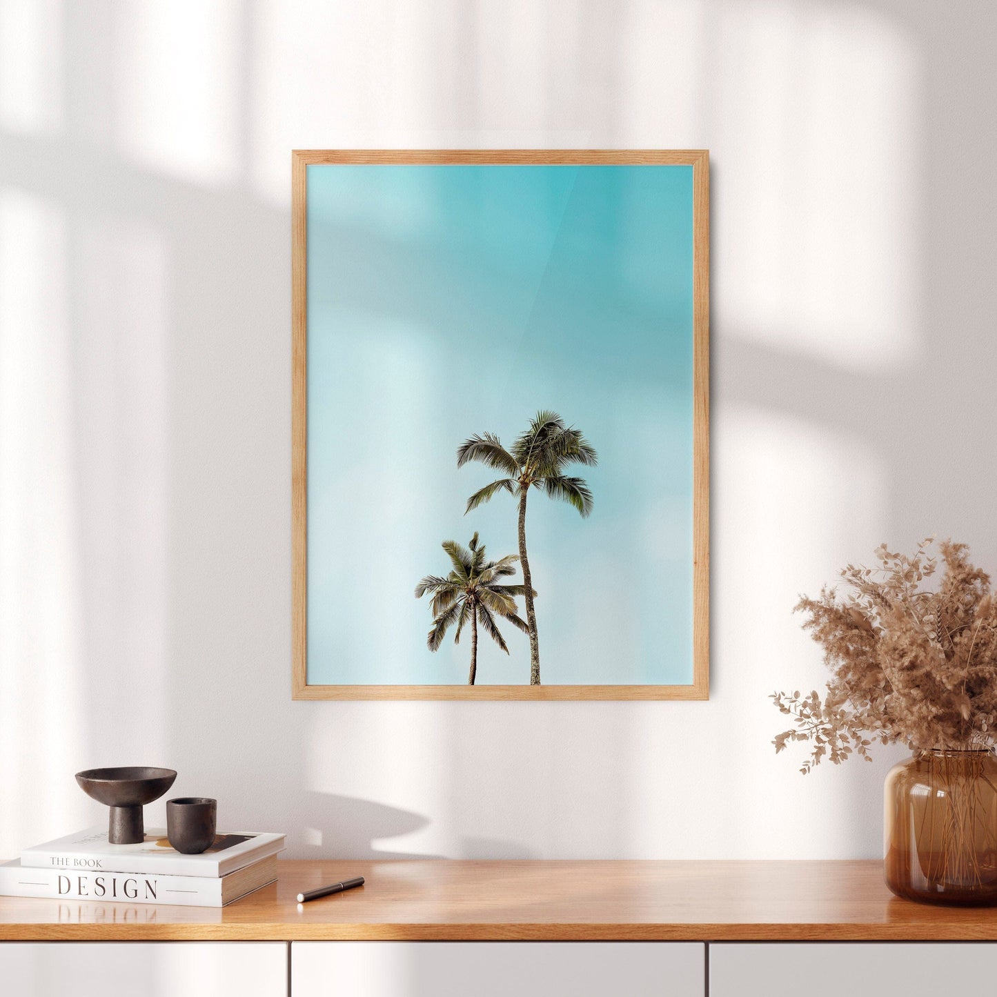 Home Poster Decor Beach Wall Art, Palm Tree Print, Blue Sky, California Print, Boho Decor, Coastal Art, Nature print. High-quality resolution photography.