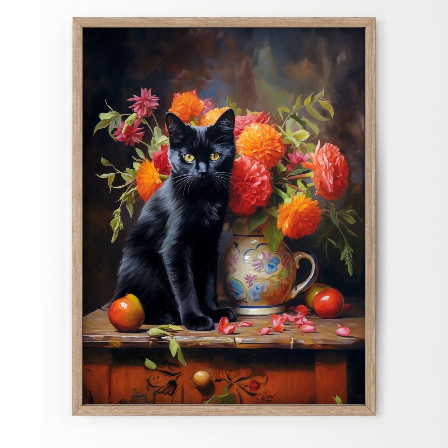 Home Poster Decor Beautiful black cat Floral still life painting Cat print Cat lover gift Antique oil painting Moody flower art Flowers in vase Bombay cat