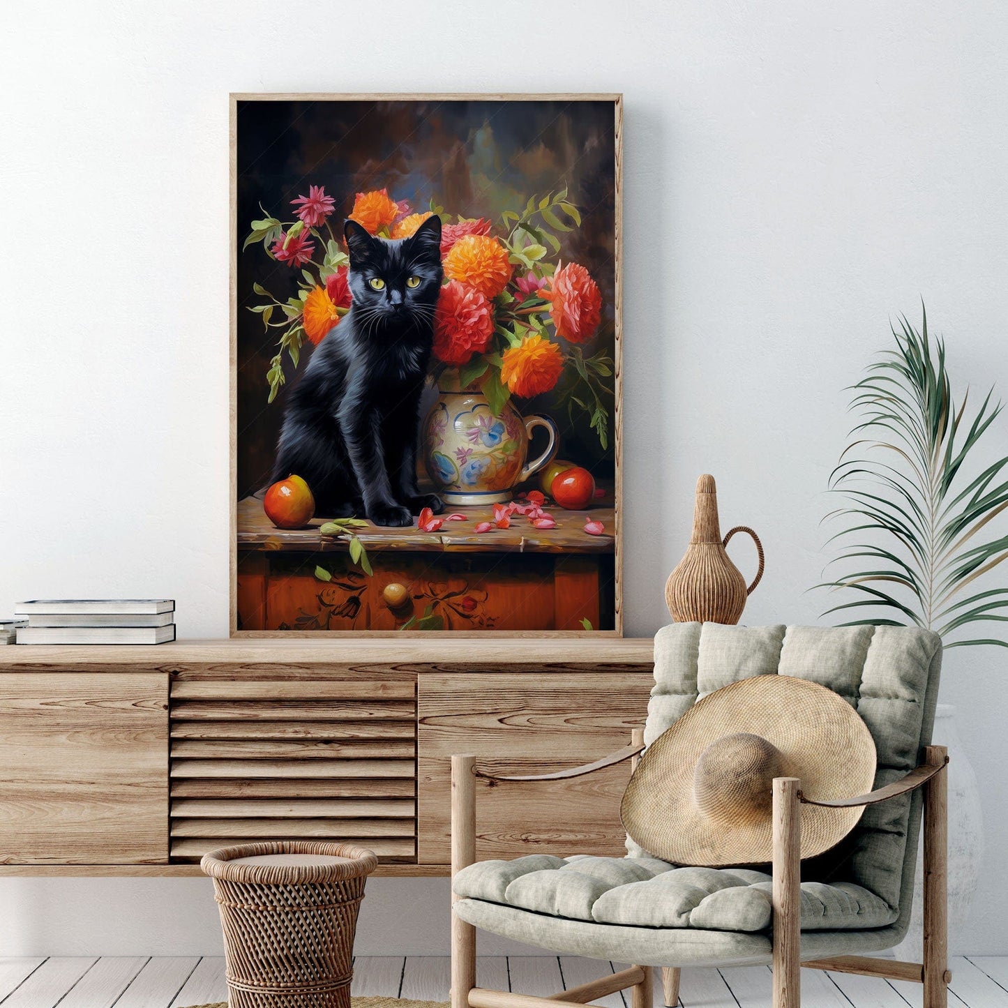 Home Poster Decor Beautiful black cat Floral still life painting Cat print Cat lover gift Antique oil painting Moody flower art Flowers in vase Bombay cat