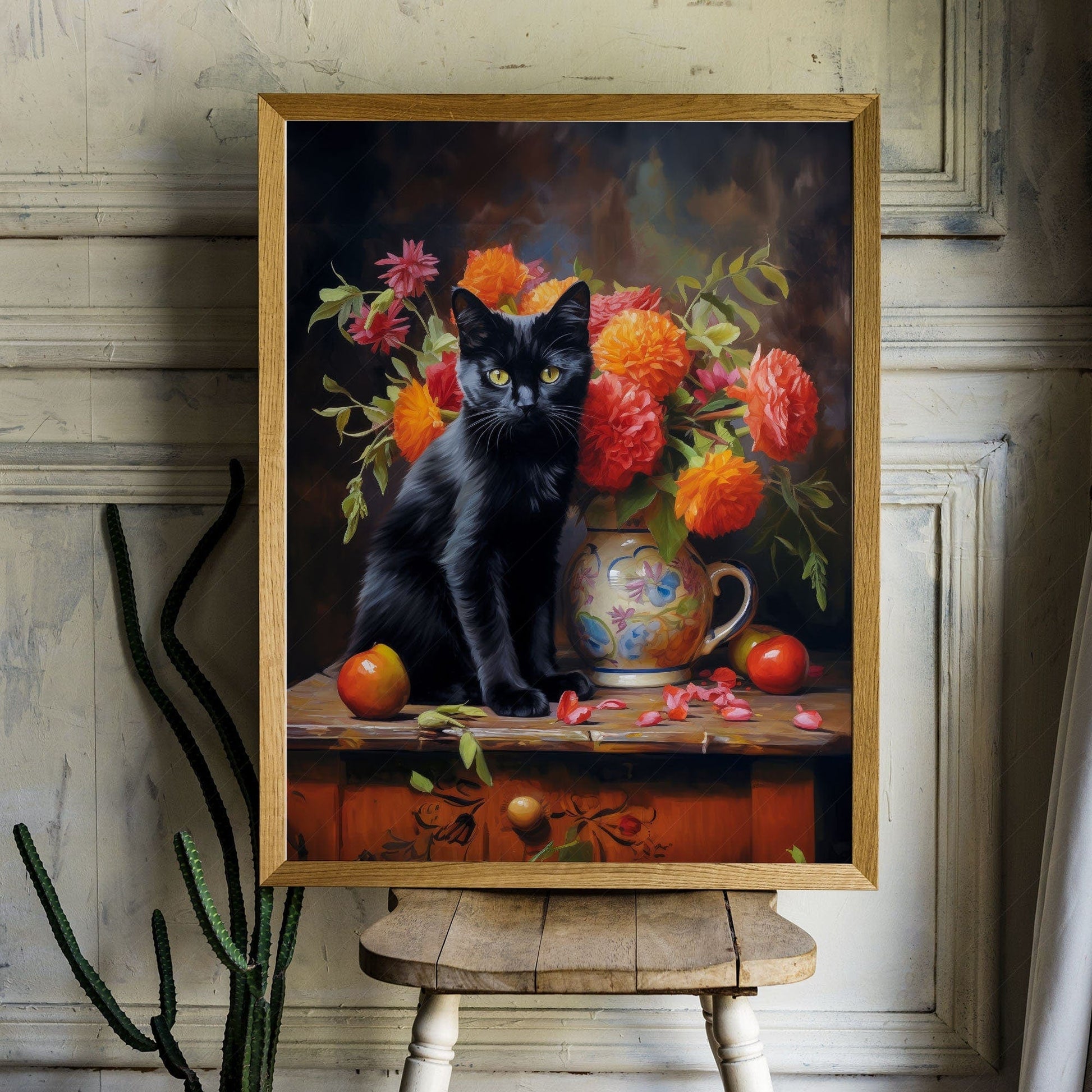 Home Poster Decor Beautiful black cat Floral still life painting Cat print Cat lover gift Antique oil painting Moody flower art Flowers in vase Bombay cat