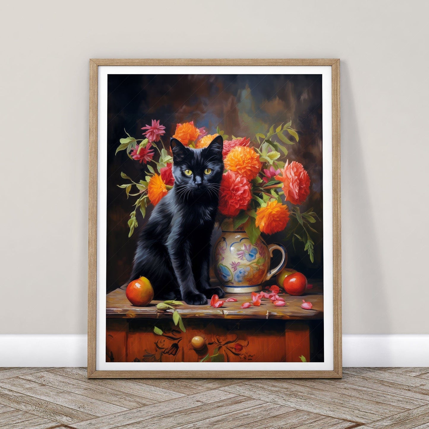 Home Poster Decor Beautiful black cat Floral still life painting Cat print Cat lover gift Antique oil painting Moody flower art Flowers in vase Bombay cat