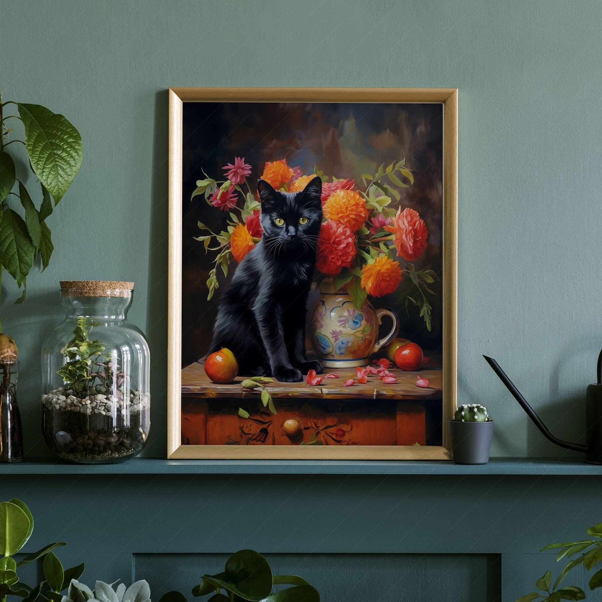 Home Poster Decor Beautiful black cat Floral still life painting Cat print Cat lover gift Antique oil painting Moody flower art Flowers in vase Bombay cat