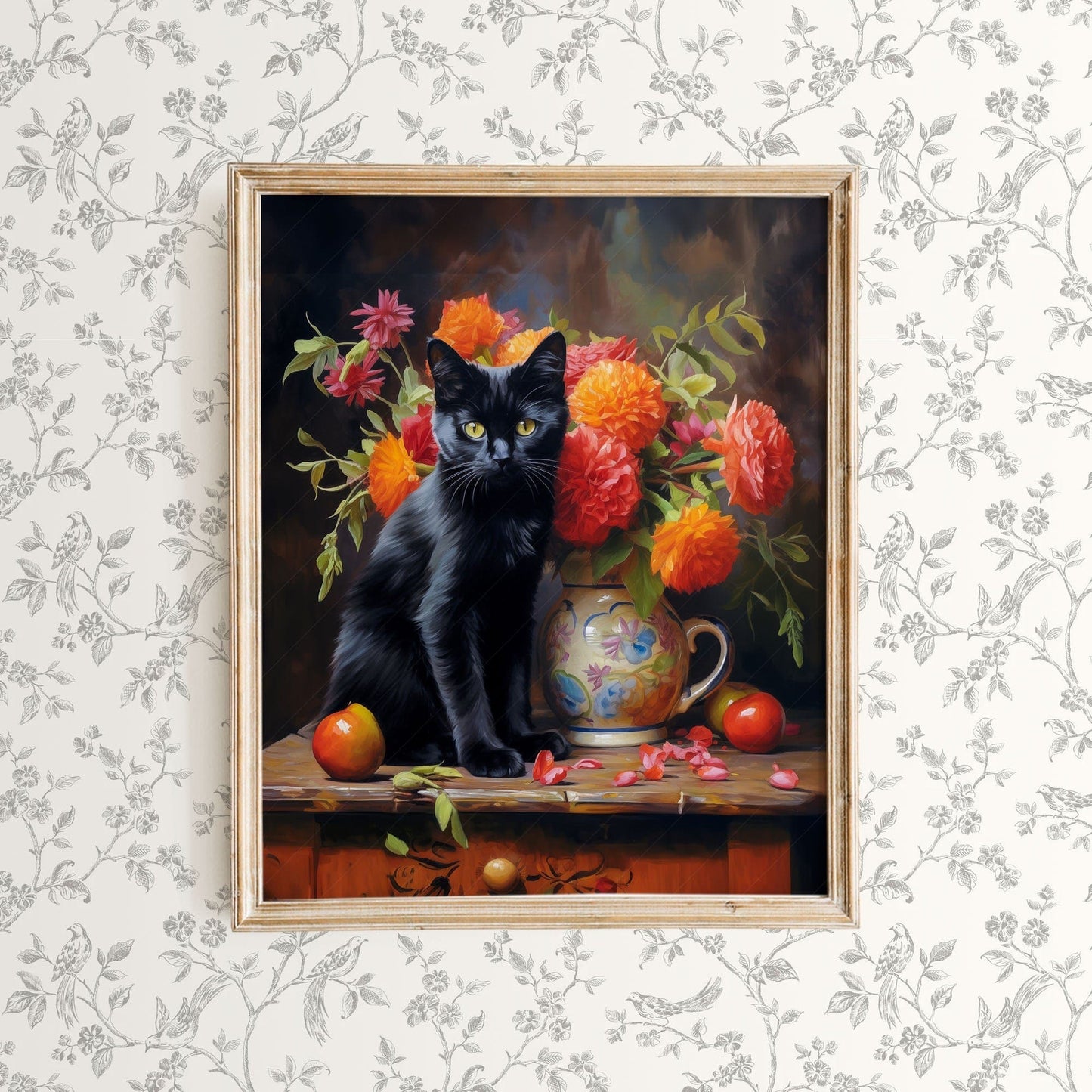 Home Poster Decor Beautiful black cat Floral still life painting Cat print Cat lover gift Antique oil painting Moody flower art Flowers in vase Bombay cat