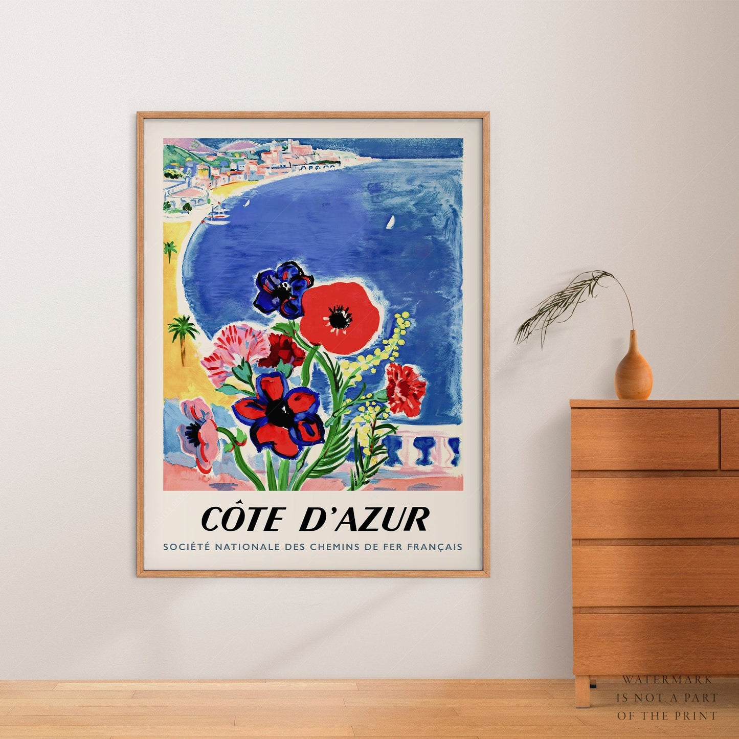 Home Poster Decor Single Blue Cote D'Azur, Travel Poster, French Riviera, Saint-Tropez, Cannes Poster, Seascape Print, Mediterranean Coast, Beach Wall Decor, Flower