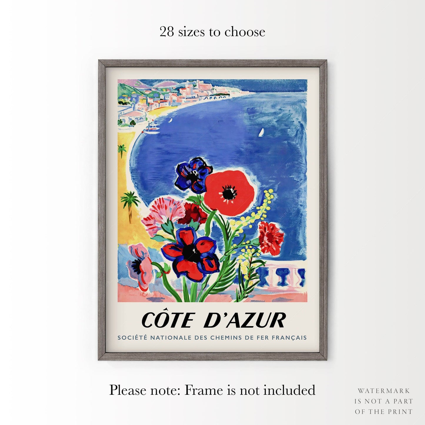 Home Poster Decor Single Blue Cote D'Azur, Travel Poster, French Riviera, Saint-Tropez, Cannes Poster, Seascape Print, Mediterranean Coast, Beach Wall Decor, Flower