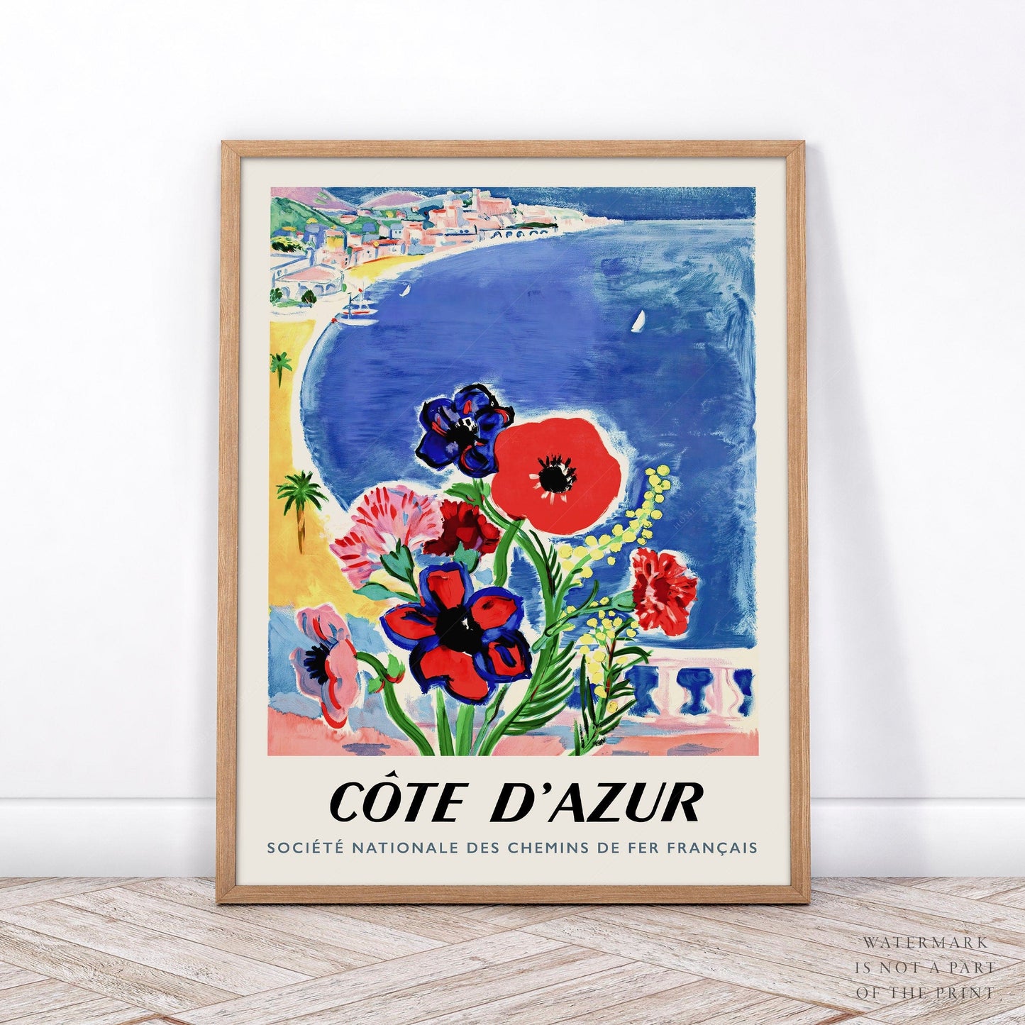 Home Poster Decor Single Blue Cote D'Azur, Travel Poster, French Riviera, Saint-Tropez, Cannes Poster, Seascape Print, Mediterranean Coast, Beach Wall Decor, Flower