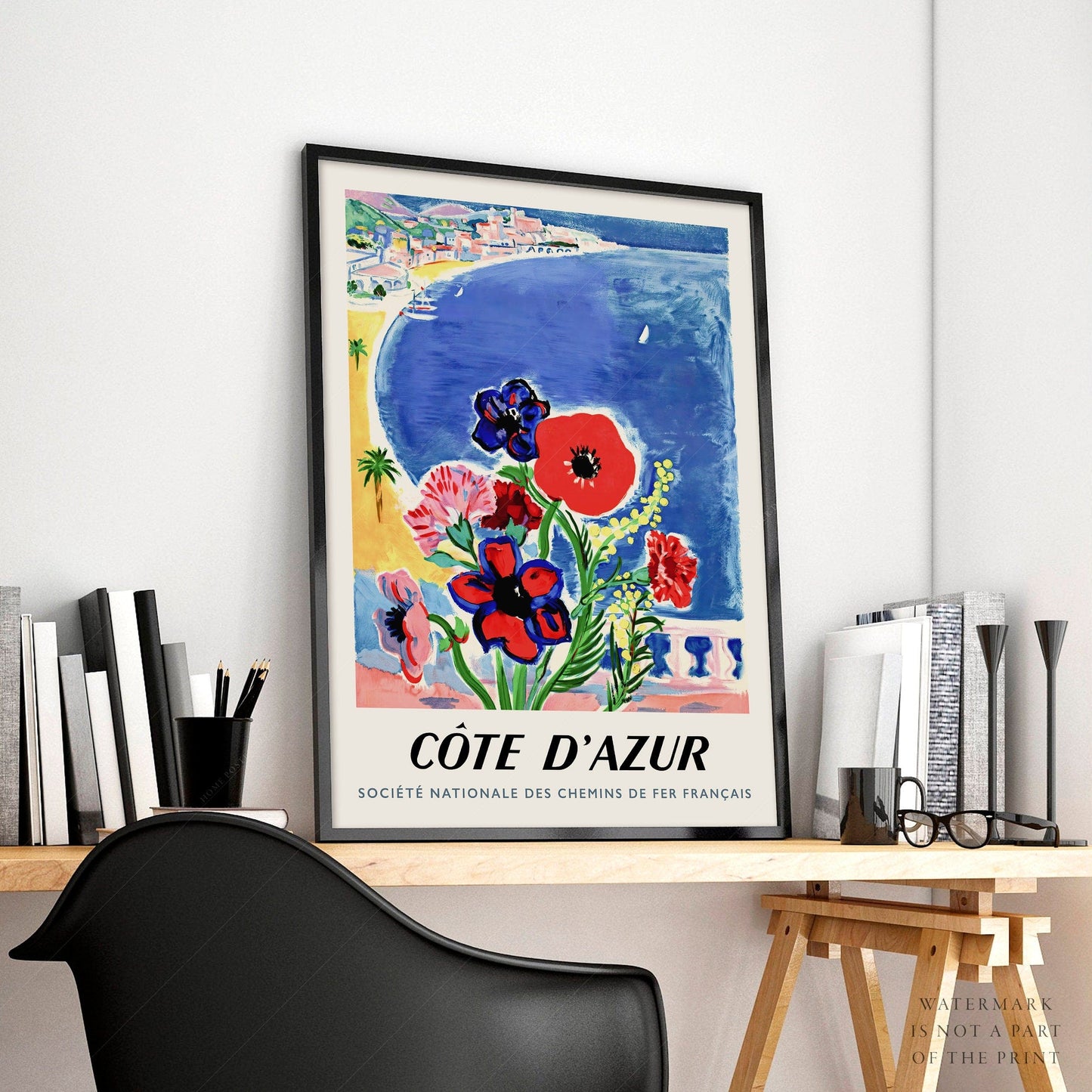 Home Poster Decor Single Blue Cote D'Azur, Travel Poster, French Riviera, Saint-Tropez, Cannes Poster, Seascape Print, Mediterranean Coast, Beach Wall Decor, Flower