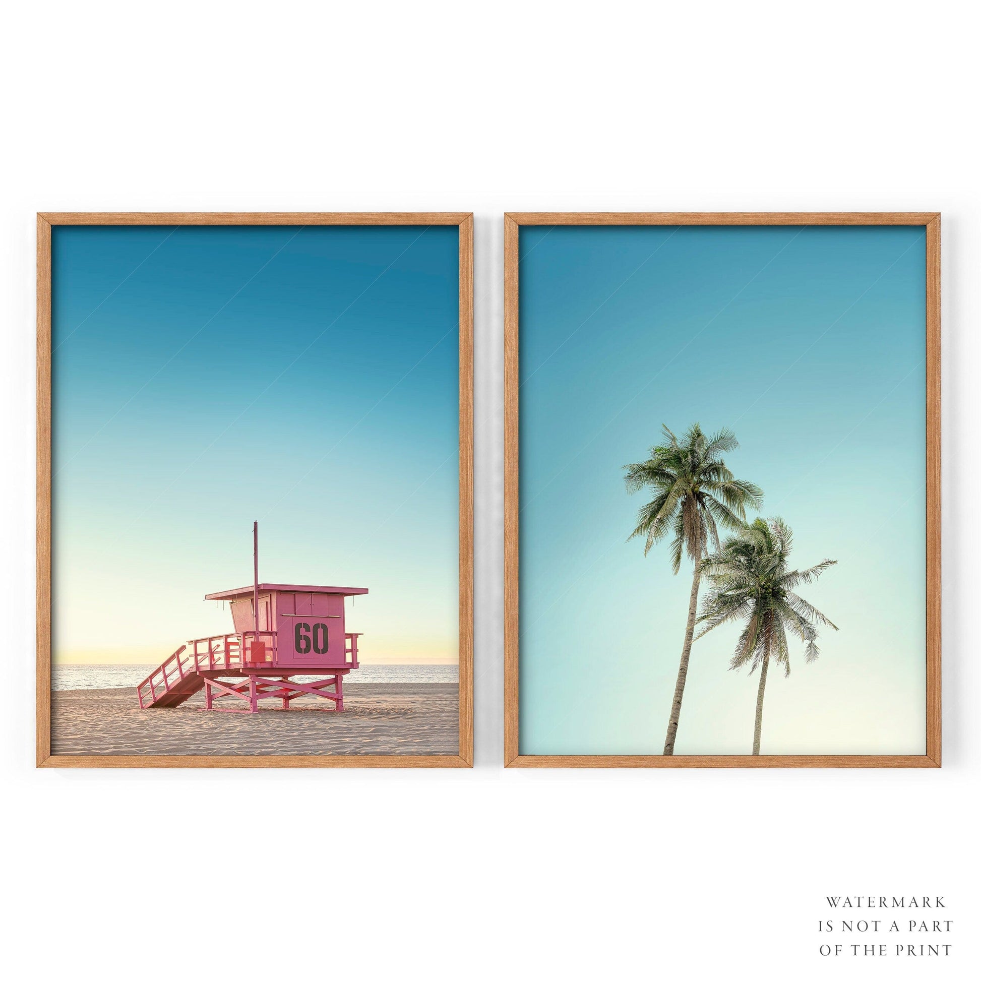 Home Poster Decor Set of 2 Coastal Set, Boho Beach Wall Art, Ocean Photo, Palm Tree, Lifeguard Tower, Modern Sea Print, Miami Beach, Beach Tower, Surf Poster, Set of 2