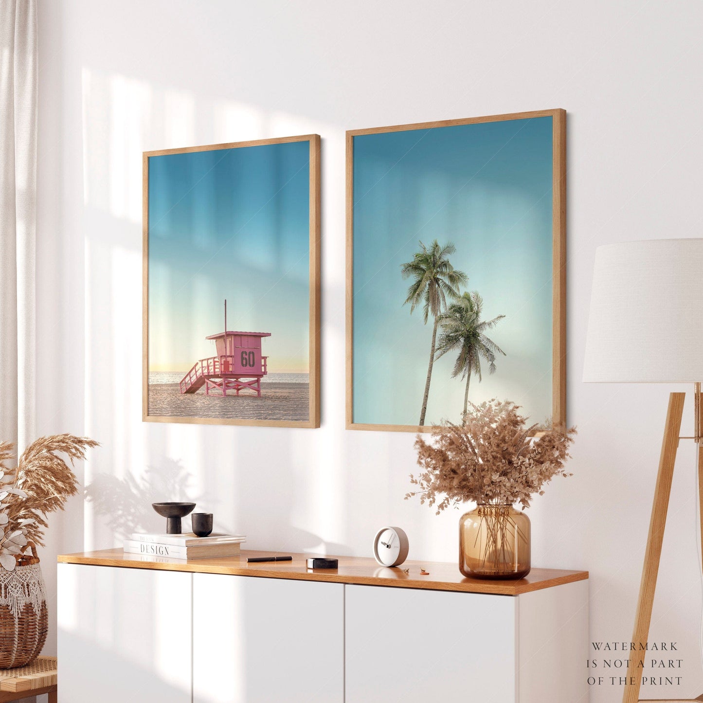 Home Poster Decor Set of 2 Coastal Set, Boho Beach Wall Art, Ocean Photo, Palm Tree, Lifeguard Tower, Modern Sea Print, Miami Beach, Beach Tower, Surf Poster, Set of 2